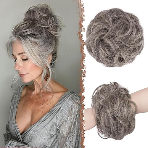 Miniatura 25 de FESHFEN - Extensiones de pelo rizado y desordenado para peinado, bandas elásticas con piezas de pelo sintético estilo moño, extensiones de cabello