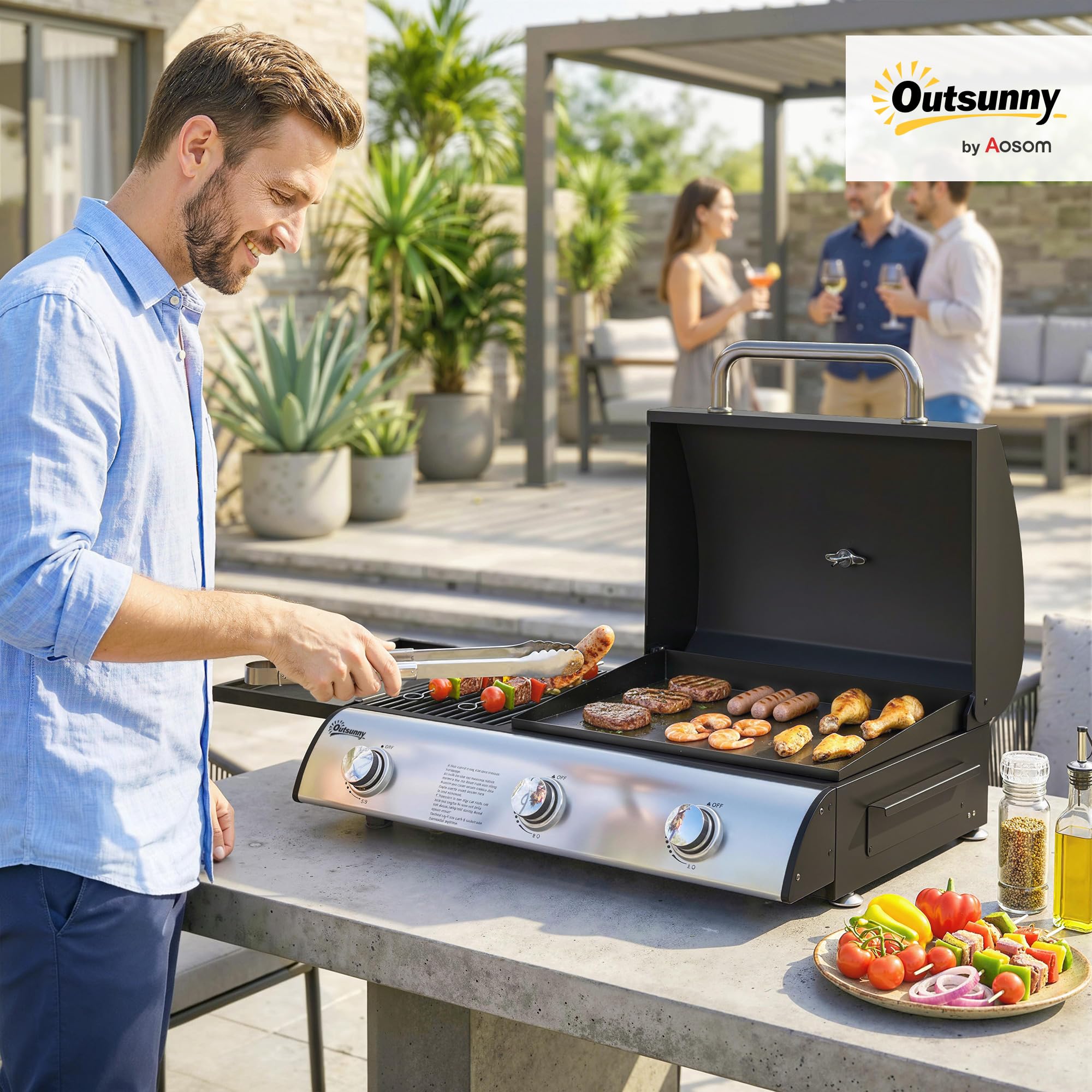 Outsunny Barbecue à Gaz de Table 3 Brûleurs - Combiné Gril et Plancha avec Couvercle et Thermomètre - 7,5 kW Portable pour Camping Balcon Terrasse - Surface de Cuisson 2224 cm², Noir