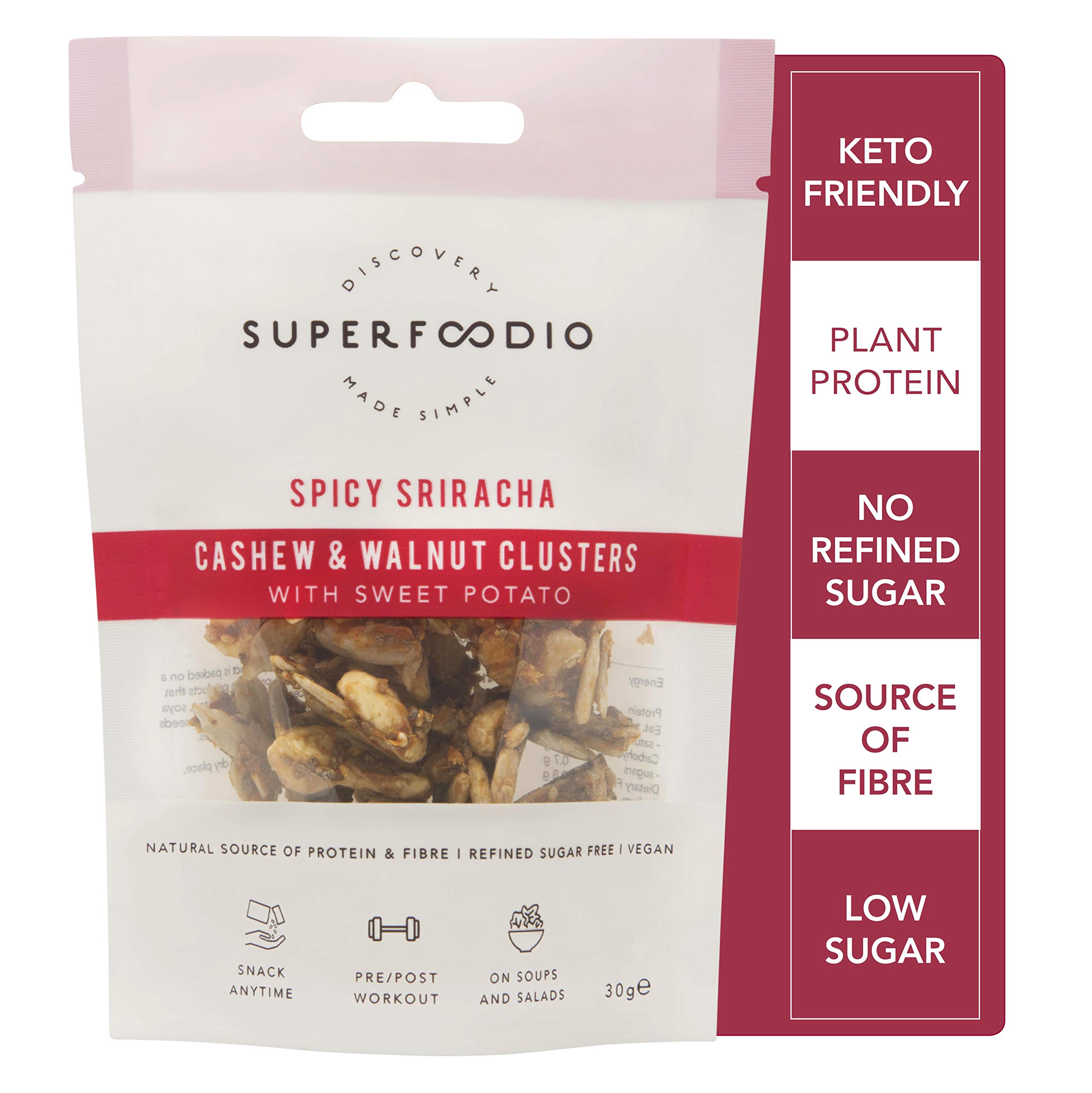 SUPERFOODIO Cashew & Walnut Clusters: Spicy Sriracha | Keto-Friendly, Vegan, All-Natural - (30g x 7 Packs)