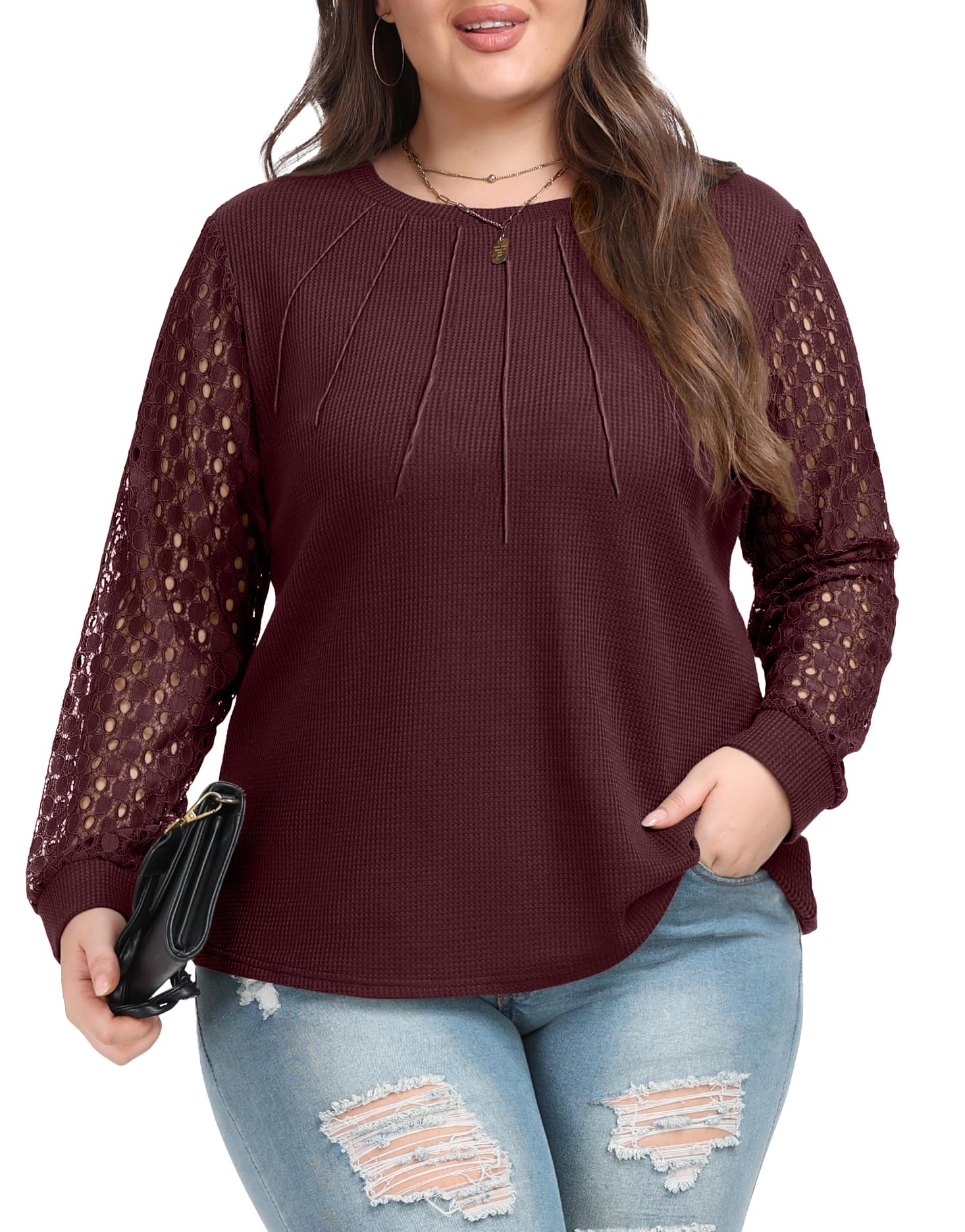 OLRIK Plus Size Tops Femininos Renda Manga Longa Waffle Malha Cam...