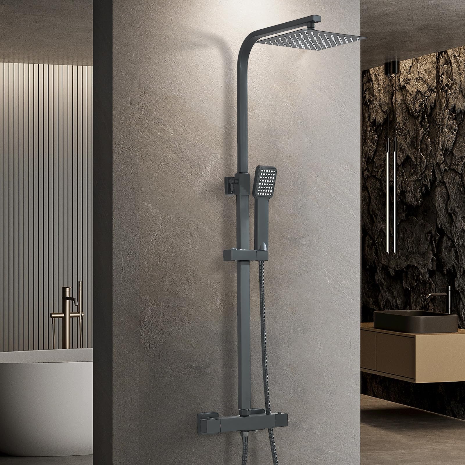 Noir Colonne de Douche Thermostatique avec Mélangeur Ensemble de Douche Réglable en Hauteur Pluie Pommeau de Douche Carré avec Douchette à main Acier Inoxydable