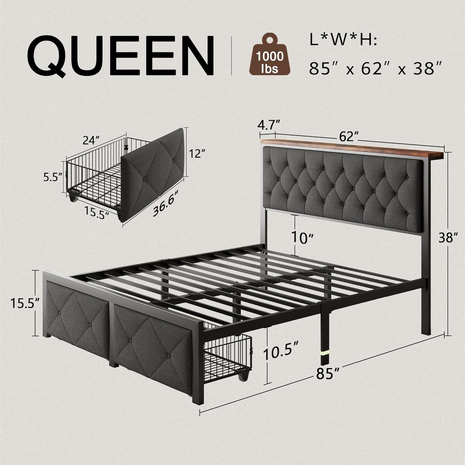Queen Bed Frame with 2 Storage Drawers, Metal Platform Bed with Charging Station, Upholstered Button Tufted Storage Headboard, No Box Spring Needed, Easy Assembly, Noise-Free, Grey