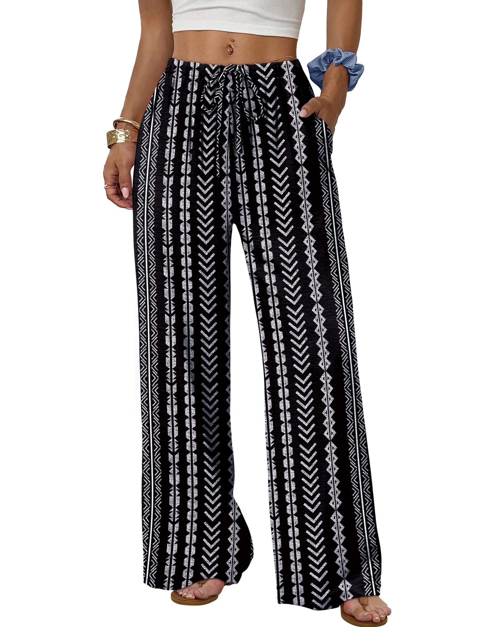Sampeel Wide Leg Pants for Women Flowy Palazzo Drawstring Elastic Waist Trousers with Pockets Summer Beach Vacation Clothes — view 22