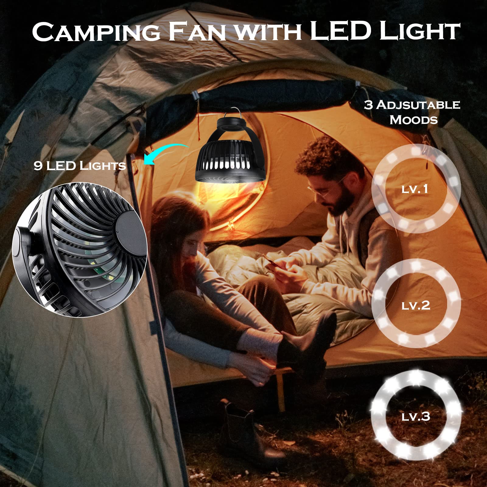 Hianjoo Kinderwagen Ventilator mit LED Leicht, 5200mAh Kleiner Tischventilator Camping Ventilator, 360° Drehung Tragbarer Wiederaufladbar Ventilator für Camping Zelte Hause Büro - Schwarz