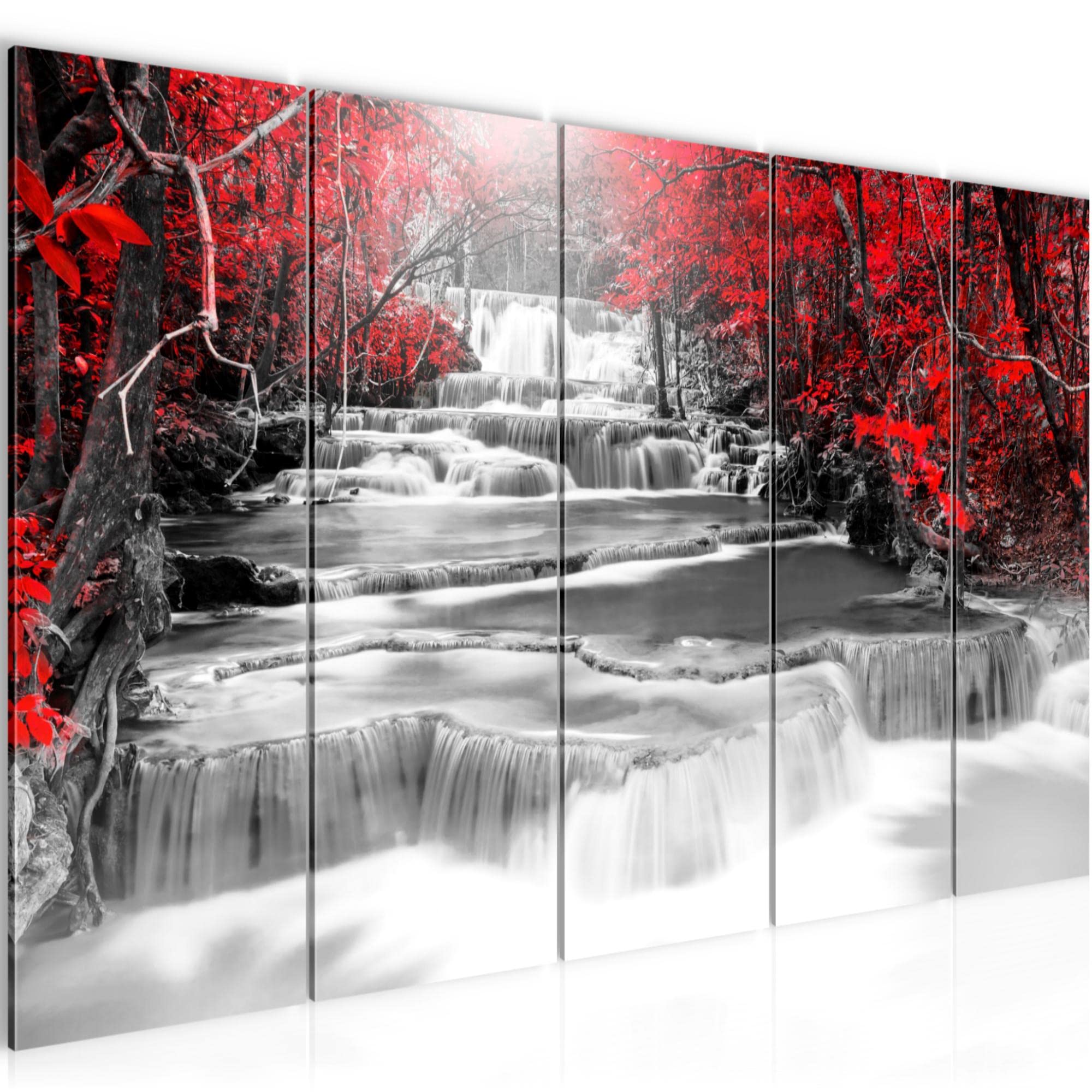 Runa Art Wandbild XXL Wasserfall Wohnzimmer 200 x 80 cm Schwarz Rot 5 Teilig - Made in Germany - 043655a
