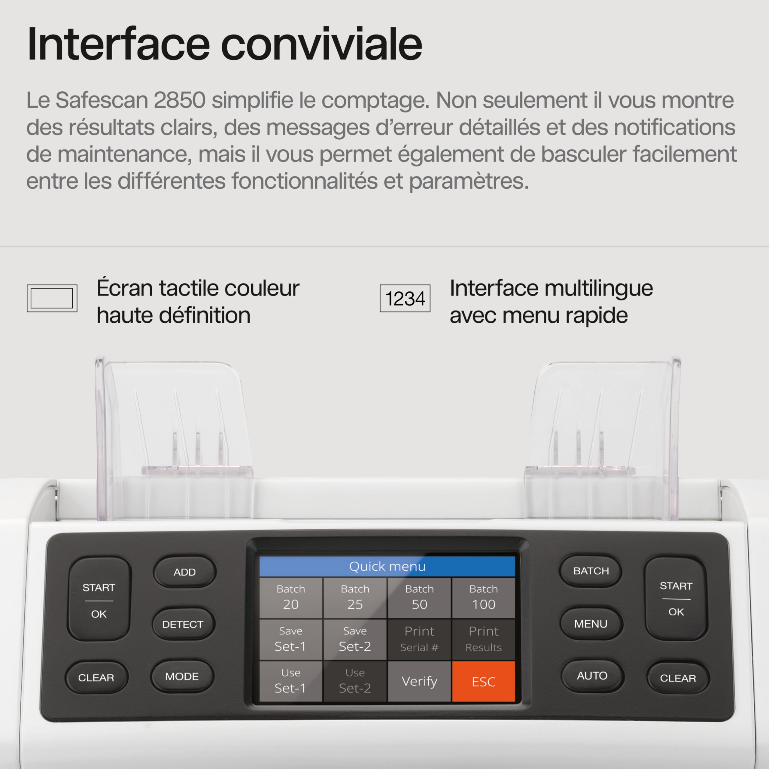 Safescan 2850 compteuse de billets qui compte les billets triés - Compteur de billets avec détection de faux billets sur 3 points - Machine à compter les billets triés de toutes les devises