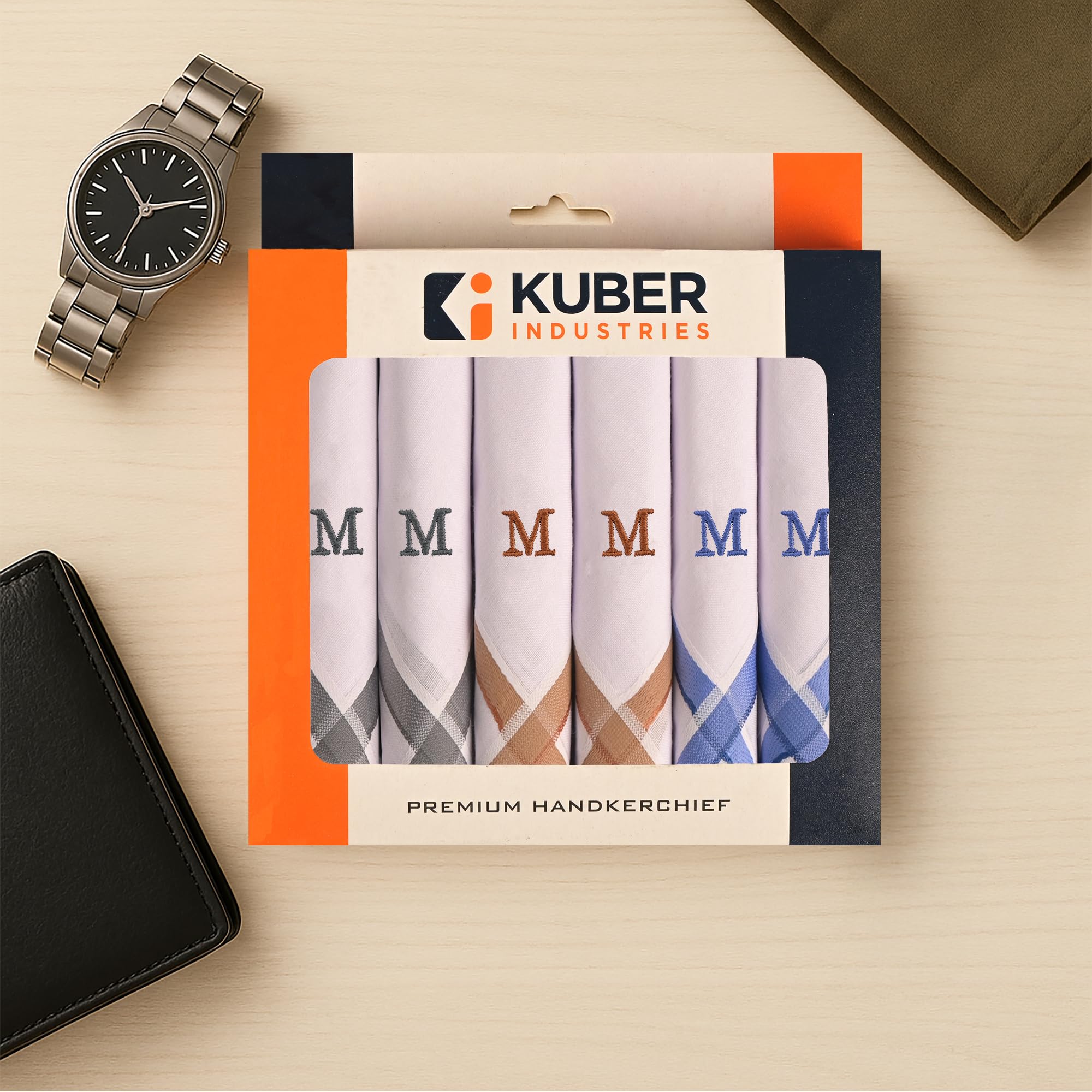 Kuber Industries 6 Pcs Monogram Letter (M) Embroidery Border White Handkerchief for Men Cotton | Hanky Set for Men | Rumal for Gents | Gentle and Absorbent Hankies/Handkerchief for Boys | White-image-16