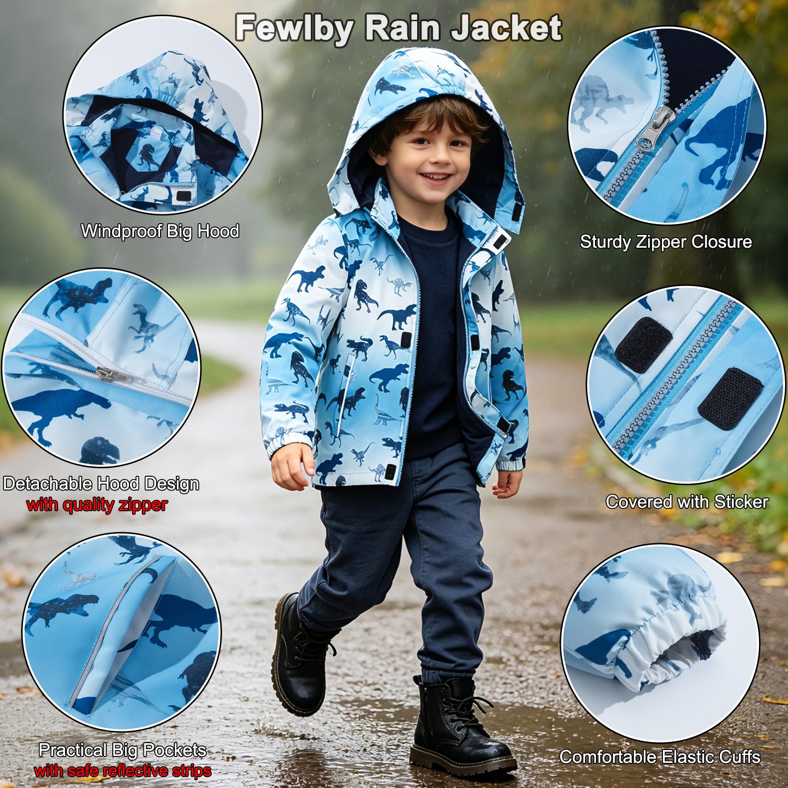 Fewlby Blouson Imperméable Enfants, Manteaux Imperméables à Capuche pour Garçon Veste de Pluie Coupe Vent Veste de Pluie Légère Printemps Automne 7-8 Ans