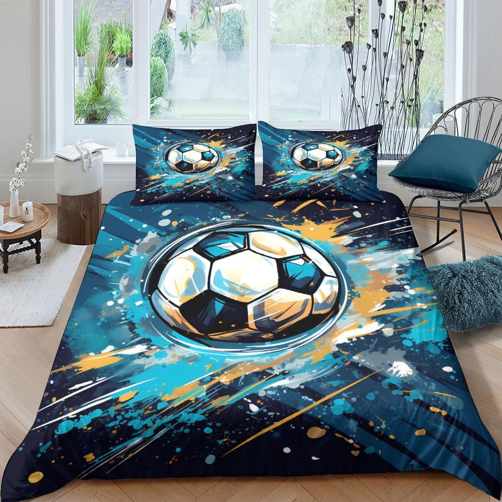 Ctjqhvkz Style-10 3D Printed Soccer Splash Fitted Sheet Microfiber Blue Artistic Football Bed Cover For Bedroom Guest Room Decor Single（135X200cm）