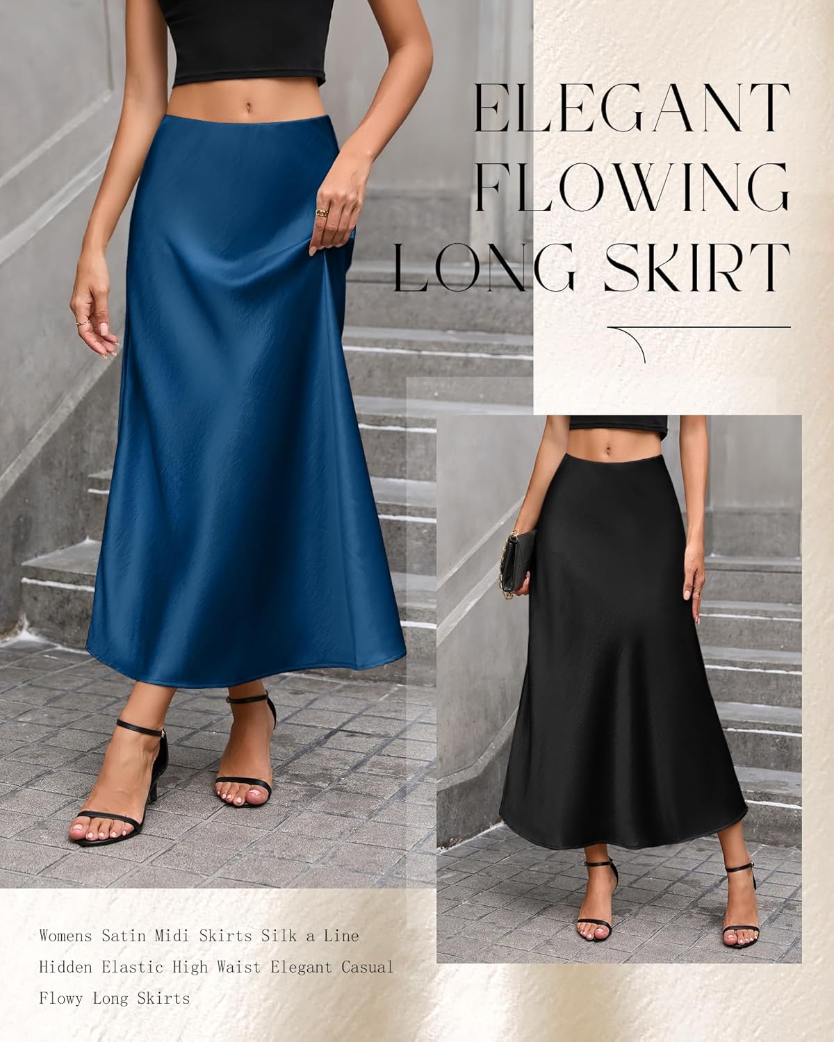 2 Pack Womens Satin Midi Skirts Silk a Line Hidden Elastic High Waist Elegant Casual Flowy Long Skirts - Image 6