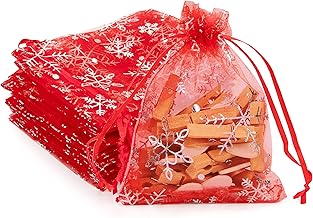 Organza Bags Snowflake Christmas Bags with Drawstring for Gift Decoration 100 Pieces (Red, 9 x 12 cm)