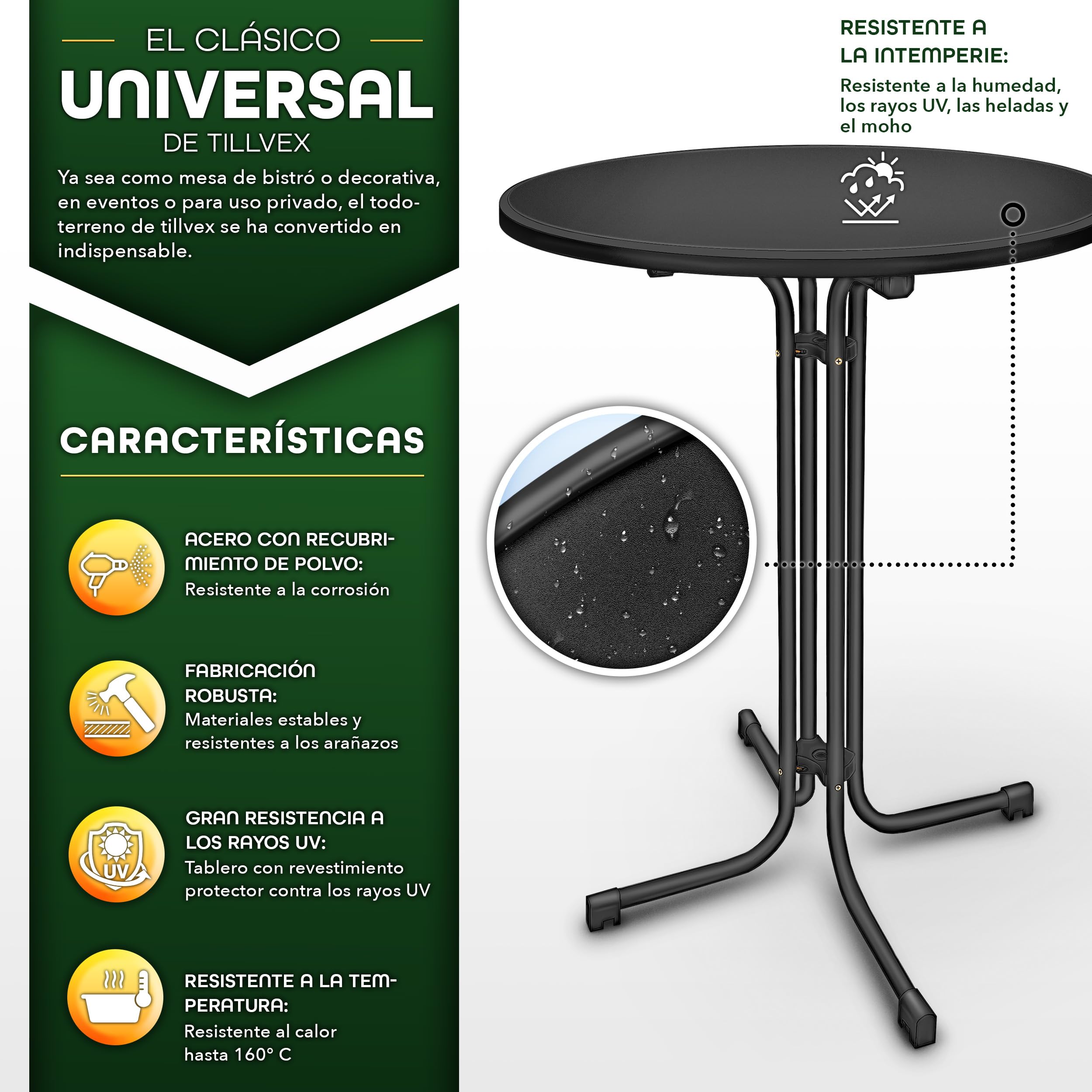 tillvex® Juego de 2 mesas altas plegables Ø70 con funda | Mesa plegable redonda – resistente a la intemperie | Mesa de jardín para interior y exterior