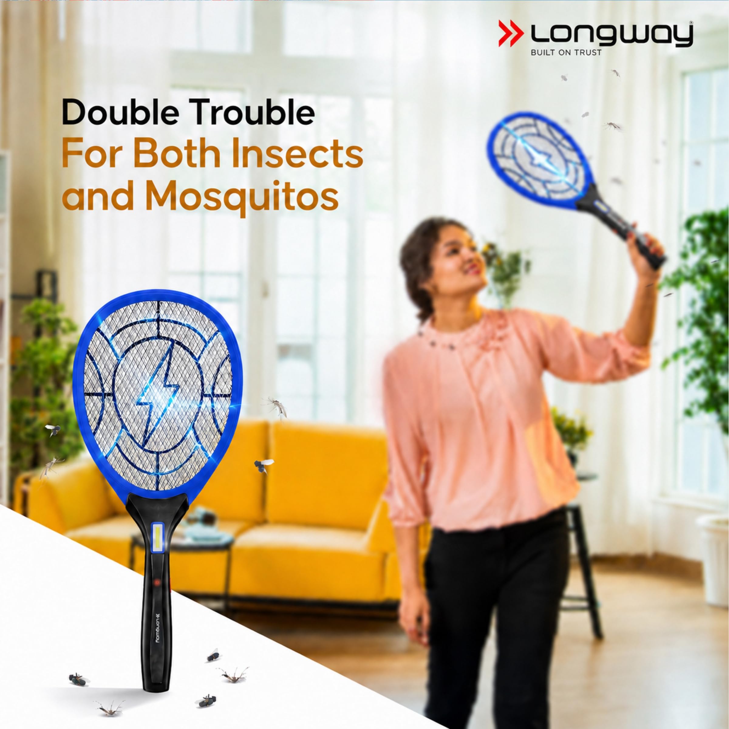 Longway Zappy Rechargeable Mosquito Killer Racket Built in COB Light | 3500V DC Voltage on The Net Mesh| Mosquito Bat | 1 Month Stand by 500mah Long Lasting Internal Battery (Blue) 3