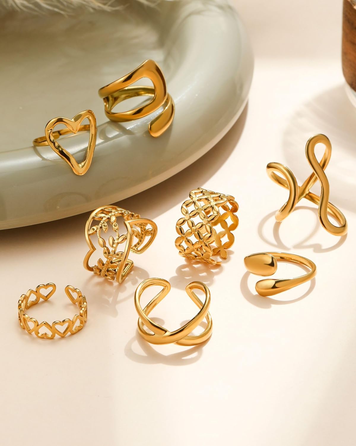 YeGieonr Gold Rings for Women Non Tarnish, Stackable Adjustable Open Ring Set, 8 Pcs Dainty Stainless Steel Gold Plated & Silver Plated Jewelry Gift - Image 5