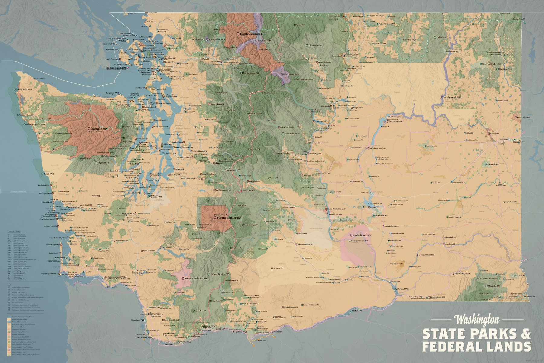 Washington State Parks & Federal Lands Map 24x36 Poster (Camel & Slate Blue)