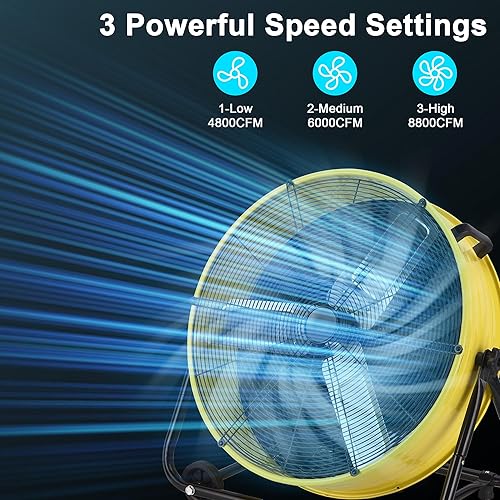 Miniatura 4 de Ventilador de tambor industrial de 24 pulgadas, ventilador de piso de alta velocidad de 8800 CFM, resistente, 3 velocidades, inclinación totalmente