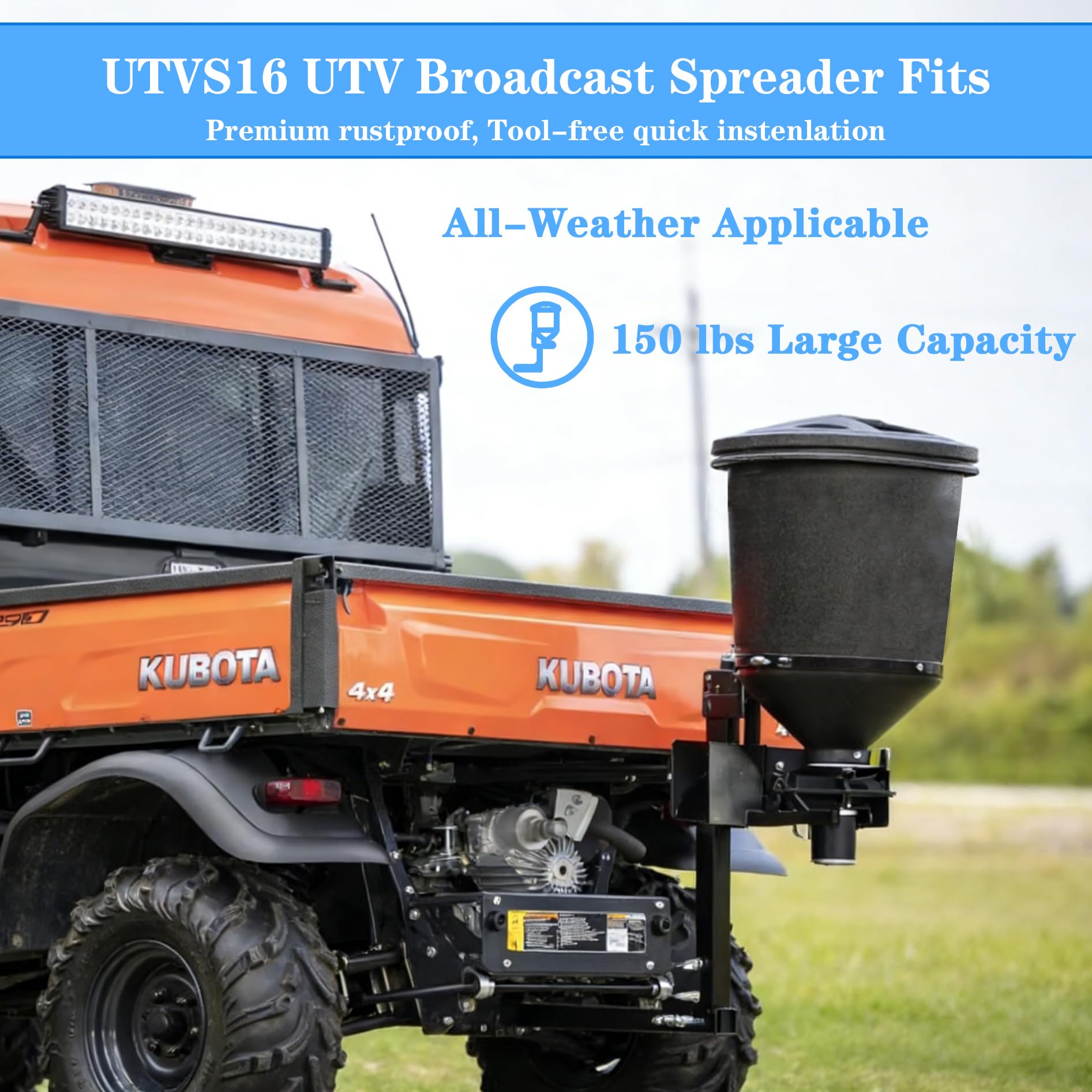 UTVS16 UTV Broadcast Spreader – 150 Lb Capacity, 30-Foot Spread, For Salt, Seed, Fertilizer, And Feed (Black)