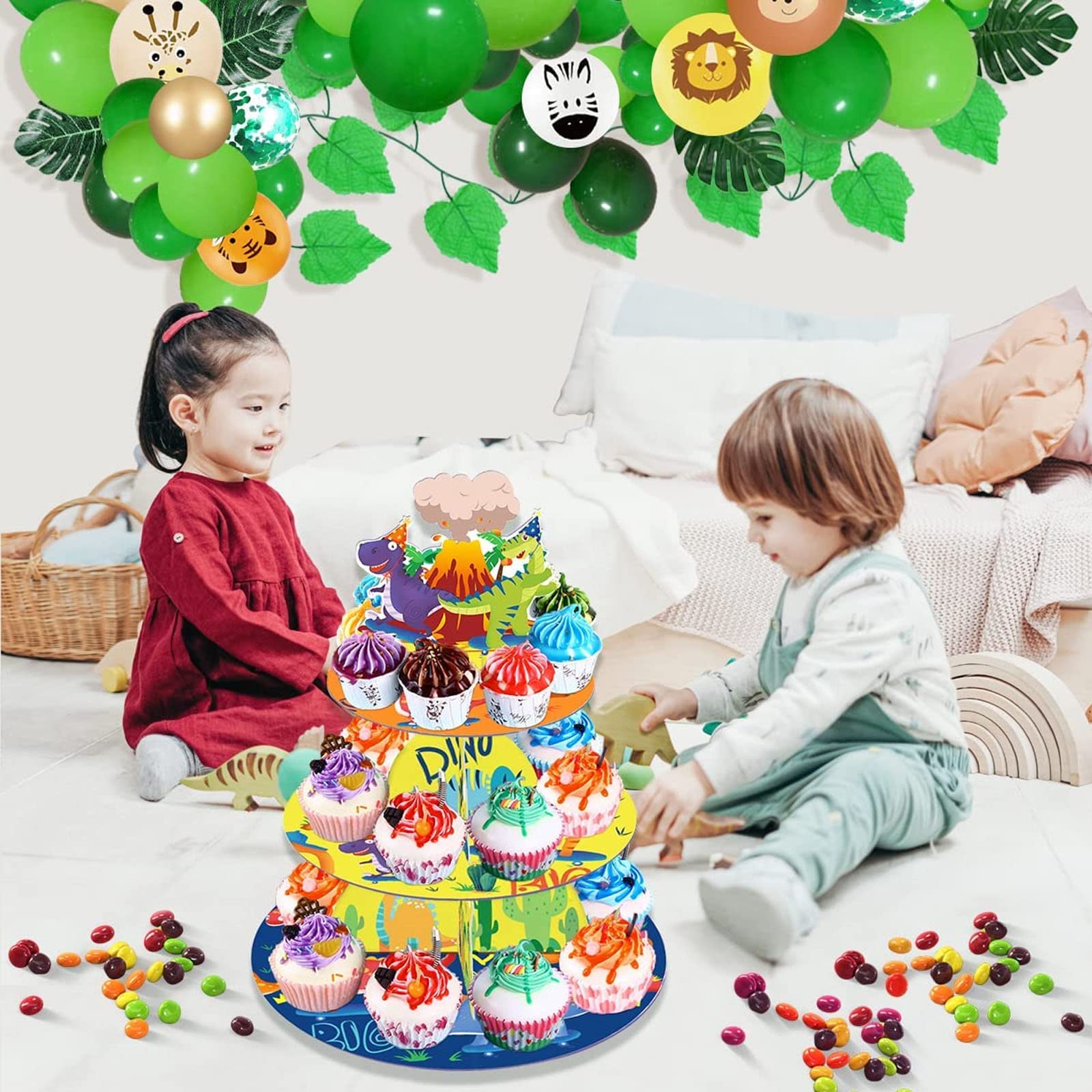 WERNNSAI Dinosaurus taartstandaard, dino, verjaardag, taartdecoratie voor jongens en kinderen, 3 verdiepingen, karton, taartstandaard, cupcake- standaard, dino, verjaardagsfeest, decoratie, rond
