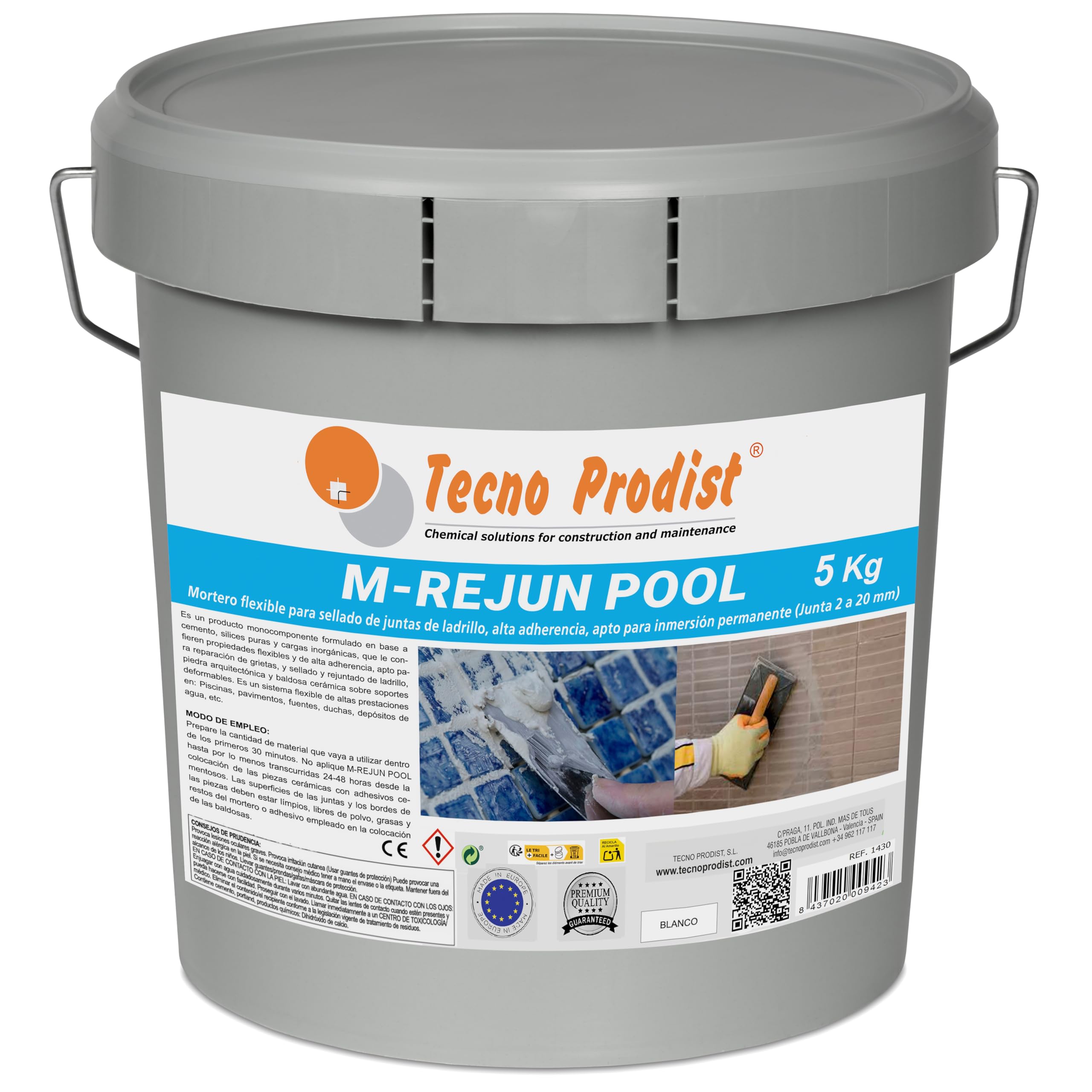 Tecno Prodist M - REJUN POOL, Mortero flexible para sellado de juntas baldosas y gresite en piscinas, ceramica, apto para inmersión permanente Blanco (5 Kg)