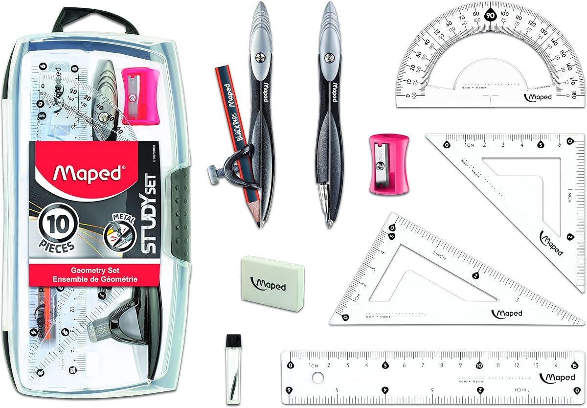 Maped Study Geometry 10 Piece Set - Advanced Student Kit - Precision Tools - Durable & Ergonomic Design - Enhances Creativity - Quality Materials | Advanced Student Kit - Precision Drafting Tools - Durable and Ergonomic Design - Enhances Creativity for School
