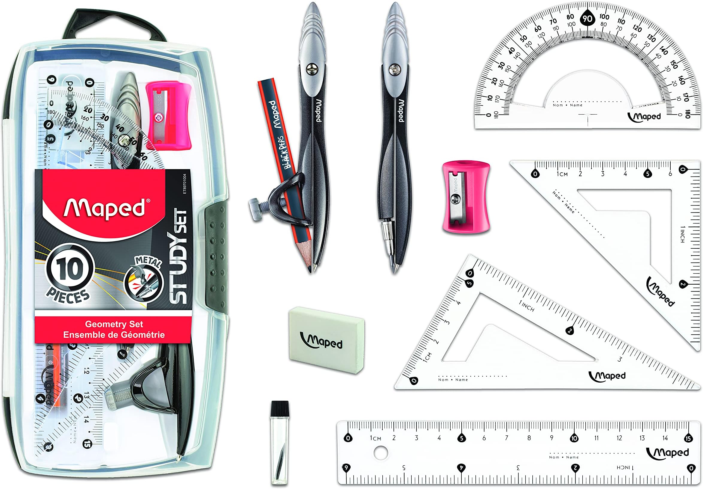 Maped Study Geometry 10 Piece Set - Advanced Student Kit - Precision Tools - Durable & Ergonomic Design - Enhances Creativity - Quality Materials