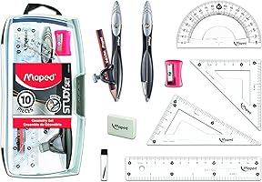 Maped Study Geometry 10 Piece Set, Includes 2 Metal Study Compasses, 2 Triangles, 6" Ruler, 4" Protractor, Pencil for...