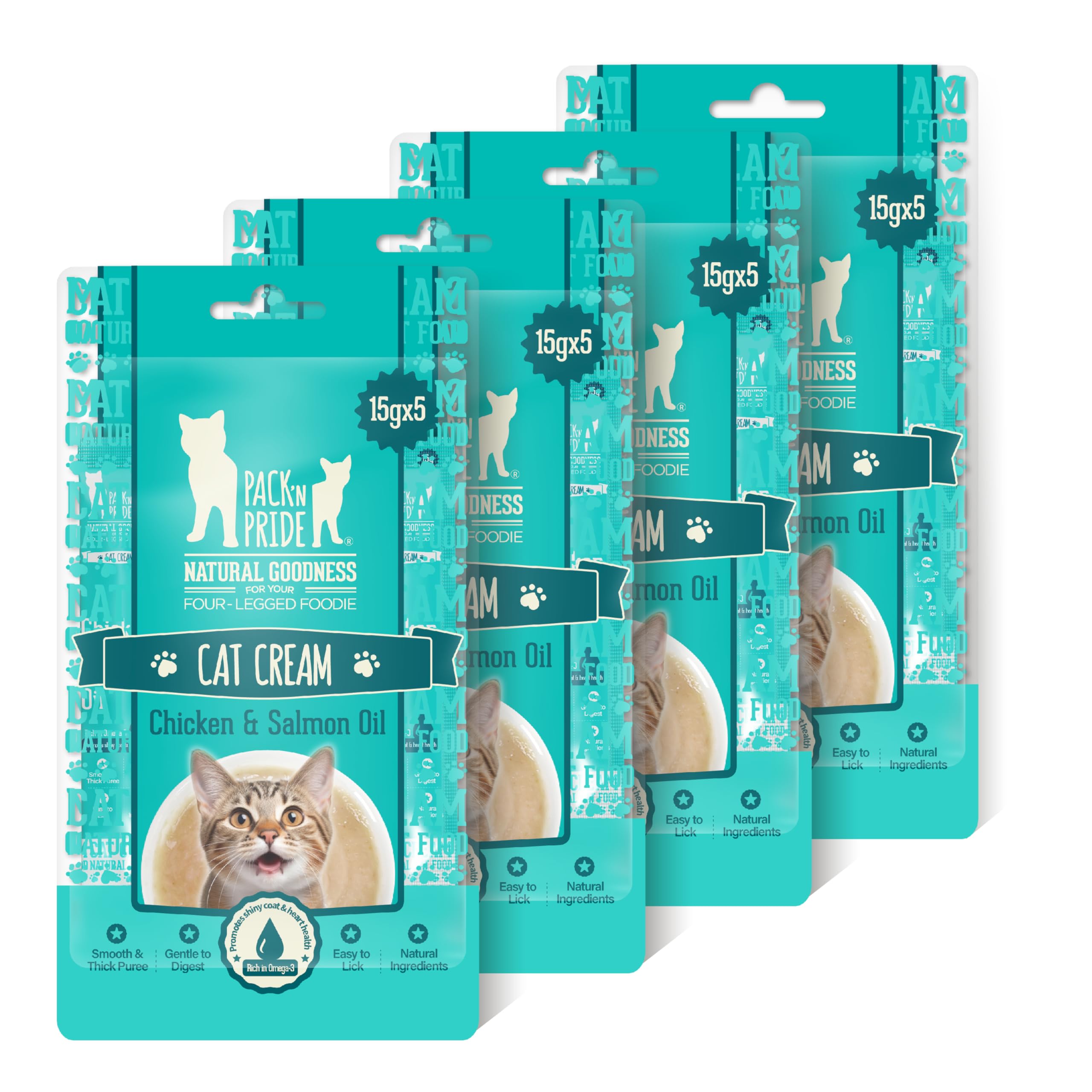 PACK’N PRIDE Cat Treats, 20 x 15g (300g Total) Creamy Cat Lick Sticks -Chicken&Salmon Oil Flavor, Rich in Omega-3