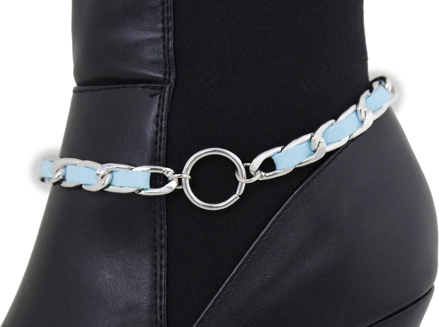 2PCS Women Western Fashion Jewelry Boot Silver Chain Bracelet Shoe Anklet Ring Charm Turquoise Blue Band Handmade In USA BC269