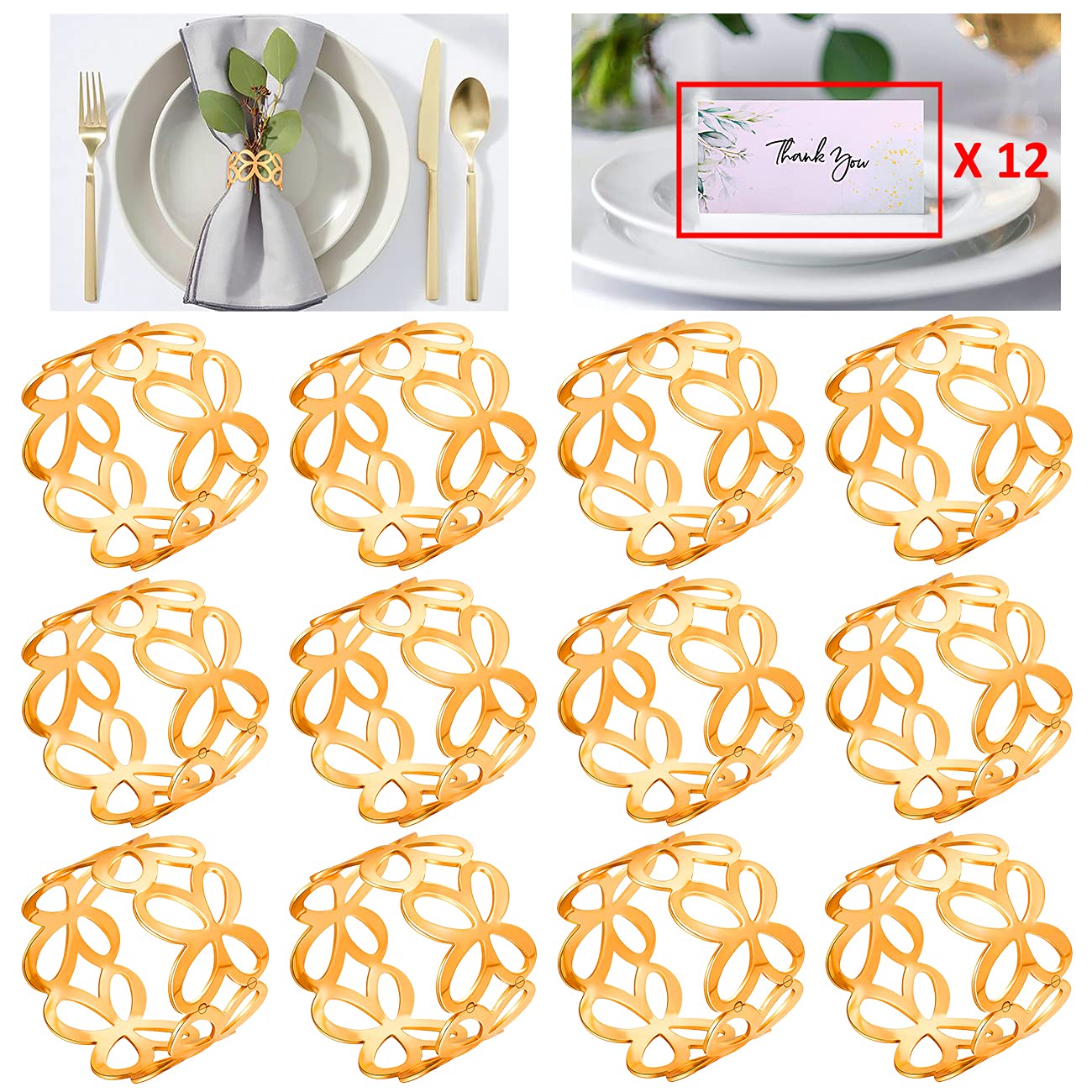 Napkin Rings Set of 12, Round Hallow Out Metal Napkin Serviette Holder for Table Settings Wedding Holiday Party Banquet Circle Serviette Buckle with Table Place Card (F: 12PCS Gold Butterfly)