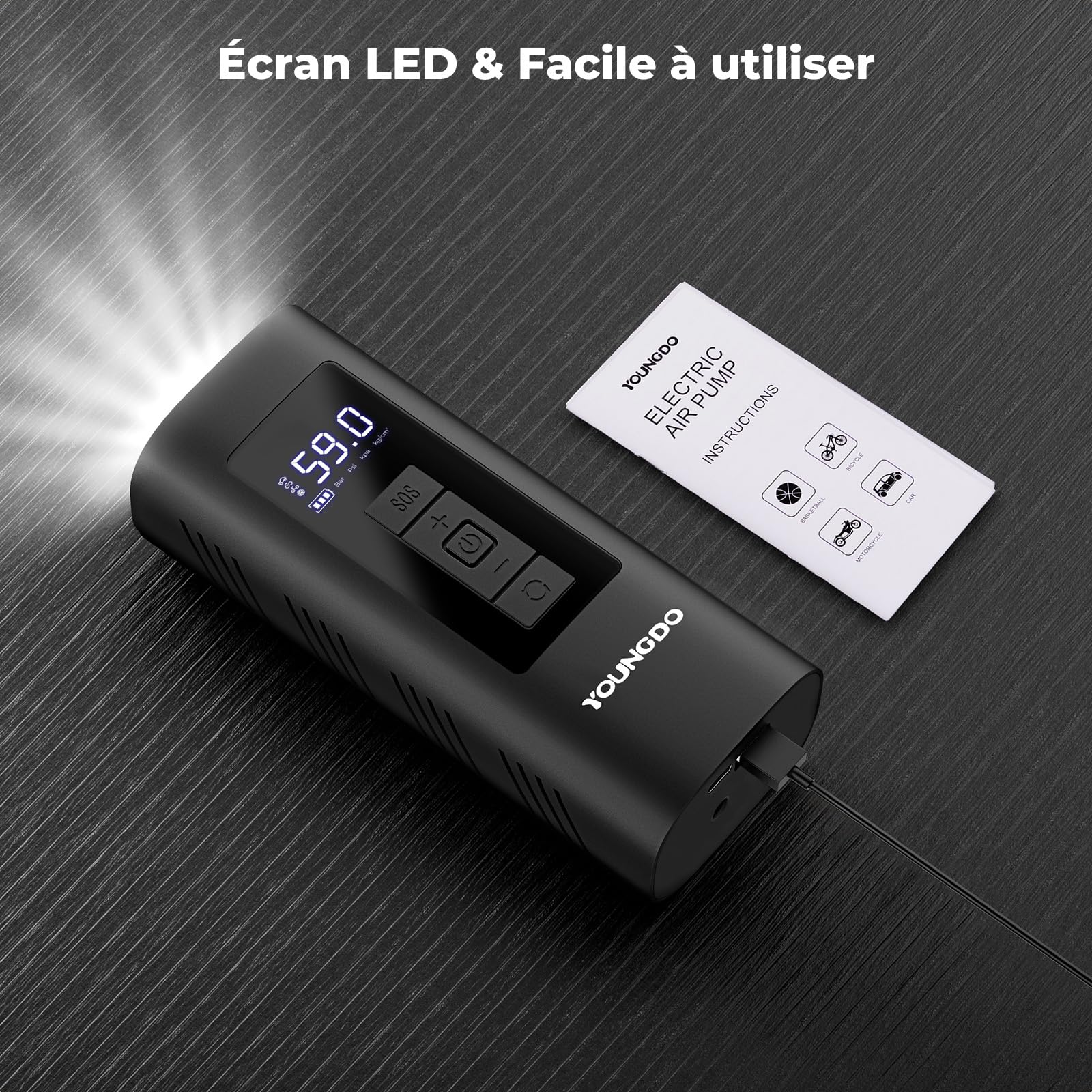 Pompe à Vélo Électrique 150PSI YOUNGDO Compresseur à Air Portatif 6000mAh