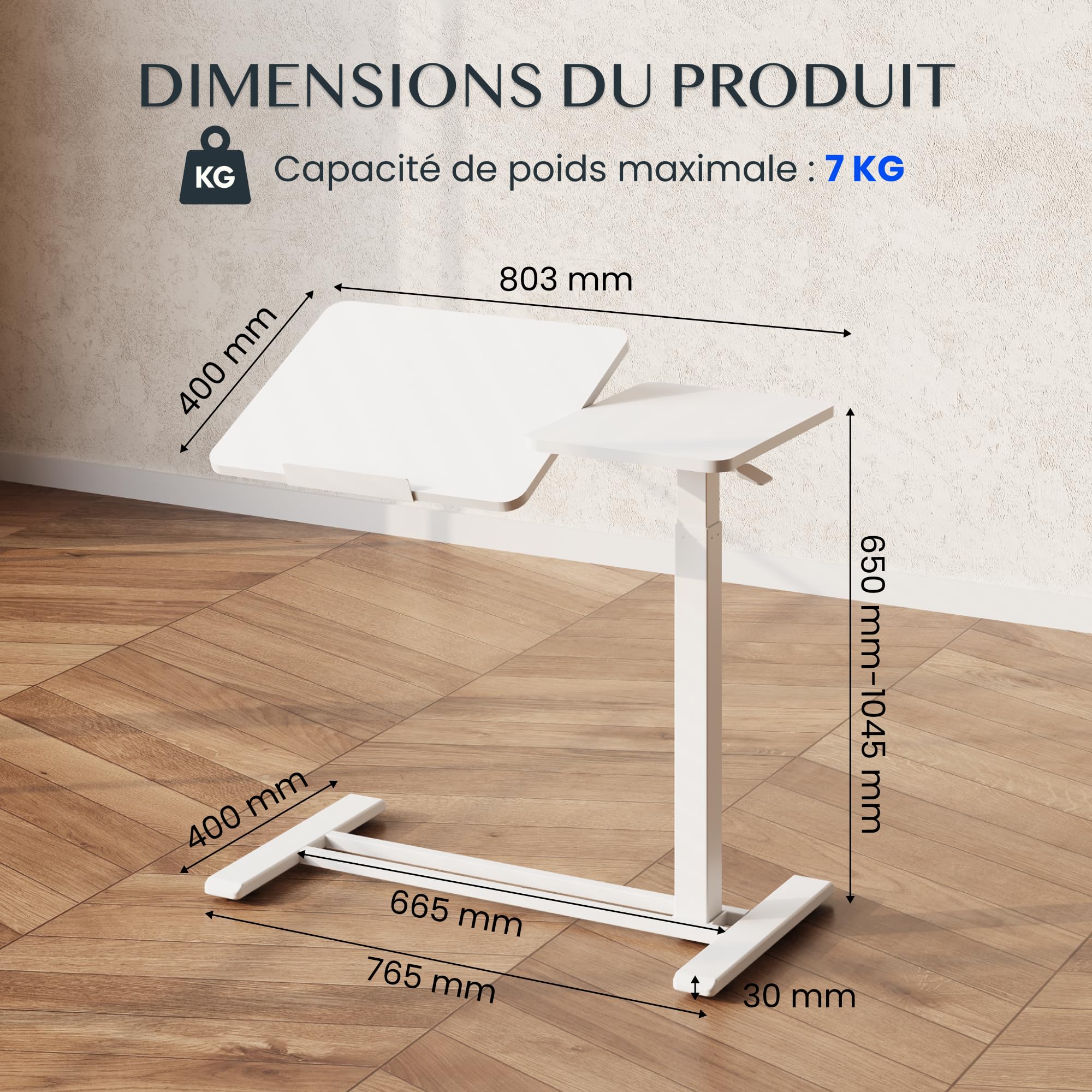 FLEXISPOT Mobilny stolik do łóżka z 4 ukrytymi kółkami – biurko z regulacją wysokości 65-105 cm, blat 80 x 40 cm, obciążenie 70 kg, stolik boczny do laptopa, sypialni, salonu lub sofy (biały)