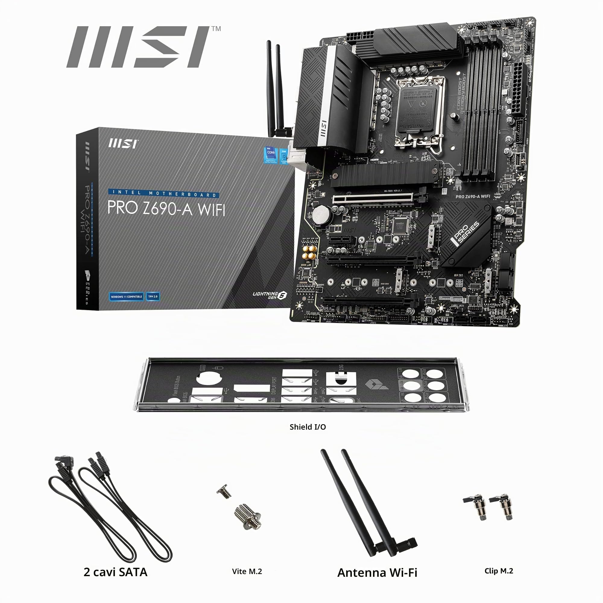 MSI PRO Z690-A WIFI Scheda madre ATX - Supporta i processori Intel Core 12th Gen, LGA 1700-14 Duet Rail 55A VRM, DDR5 Memory Boost 6400MHz/OC, 1 x PCIe 5.0 x16, 3 x M.2 Gen4 x4, 2.5G LAN, Wi-Fi 6E