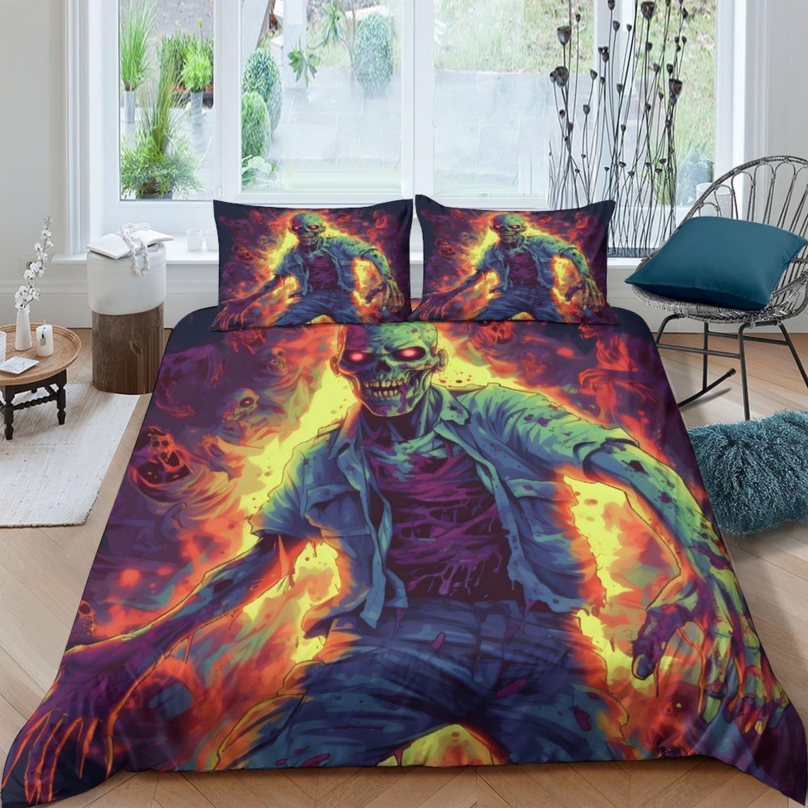 Ctjqhvkz Style-5 3D Printed Fiery Zombie Fitted Sheet Microfiber Soft Anti-Slip Halloween Skull Mattress Cover For Bedroom Dorm Decoration Single（135X200cm）