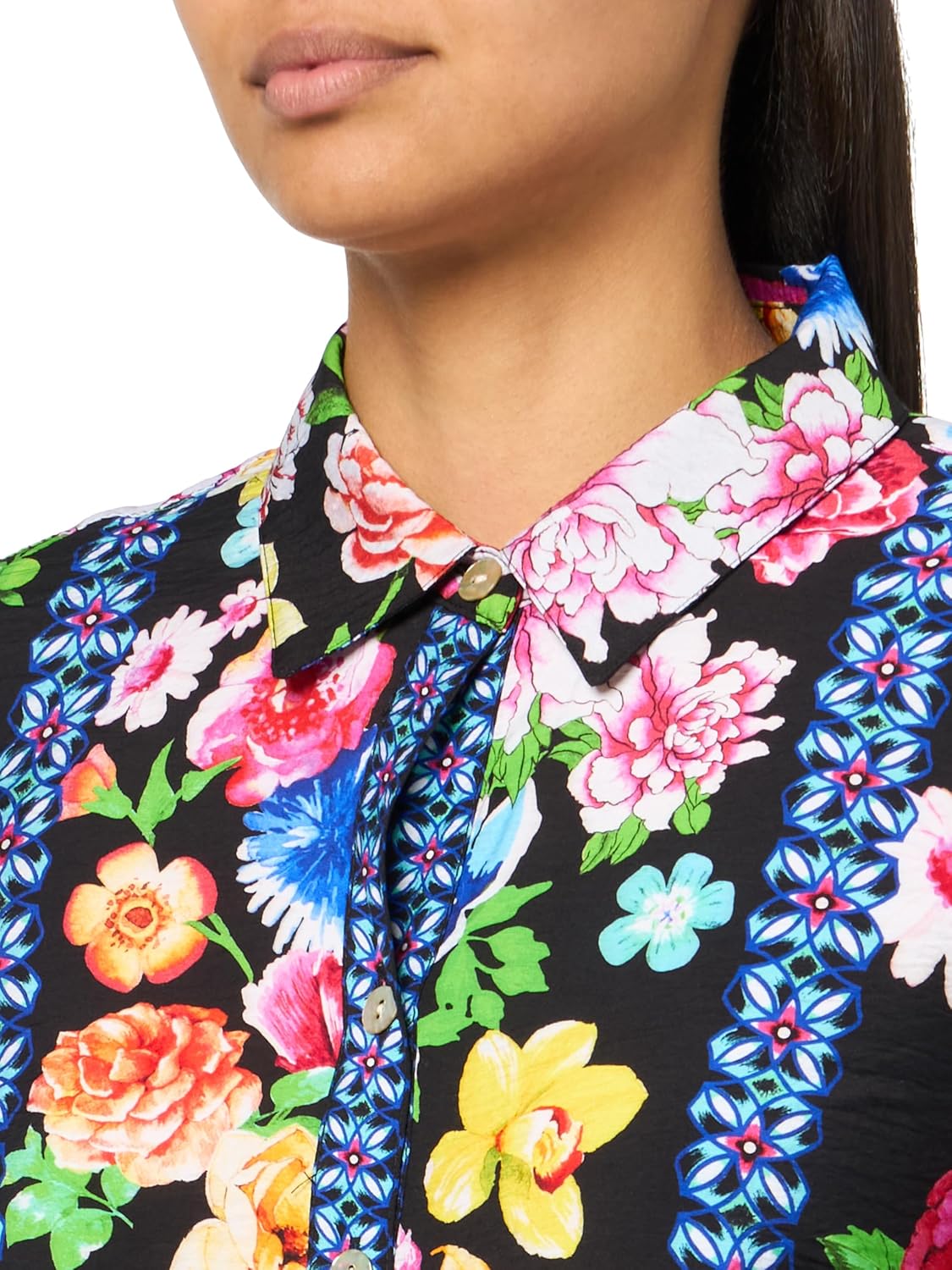 john mark womens Printed Button Front Tunic With Roll Tab Sleeves - Image 3