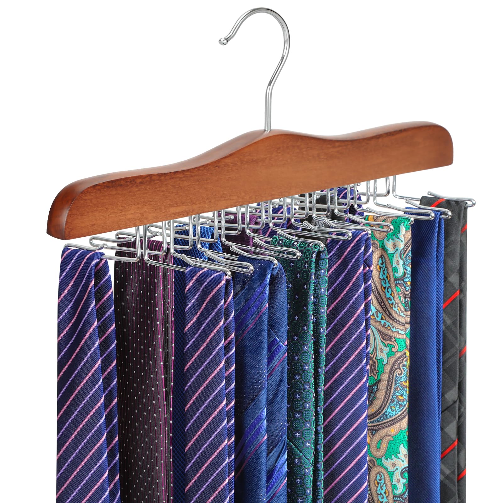 TOPIA HANGER Tie Rack Hanger for Closet, Wooden Tie Organizer for Men with 24 Folding Hooks, Space Saving Necktie Holder for Storage and Display Bra, Tank Top, Camisole (1-Pack), Walnut- CT14WA
