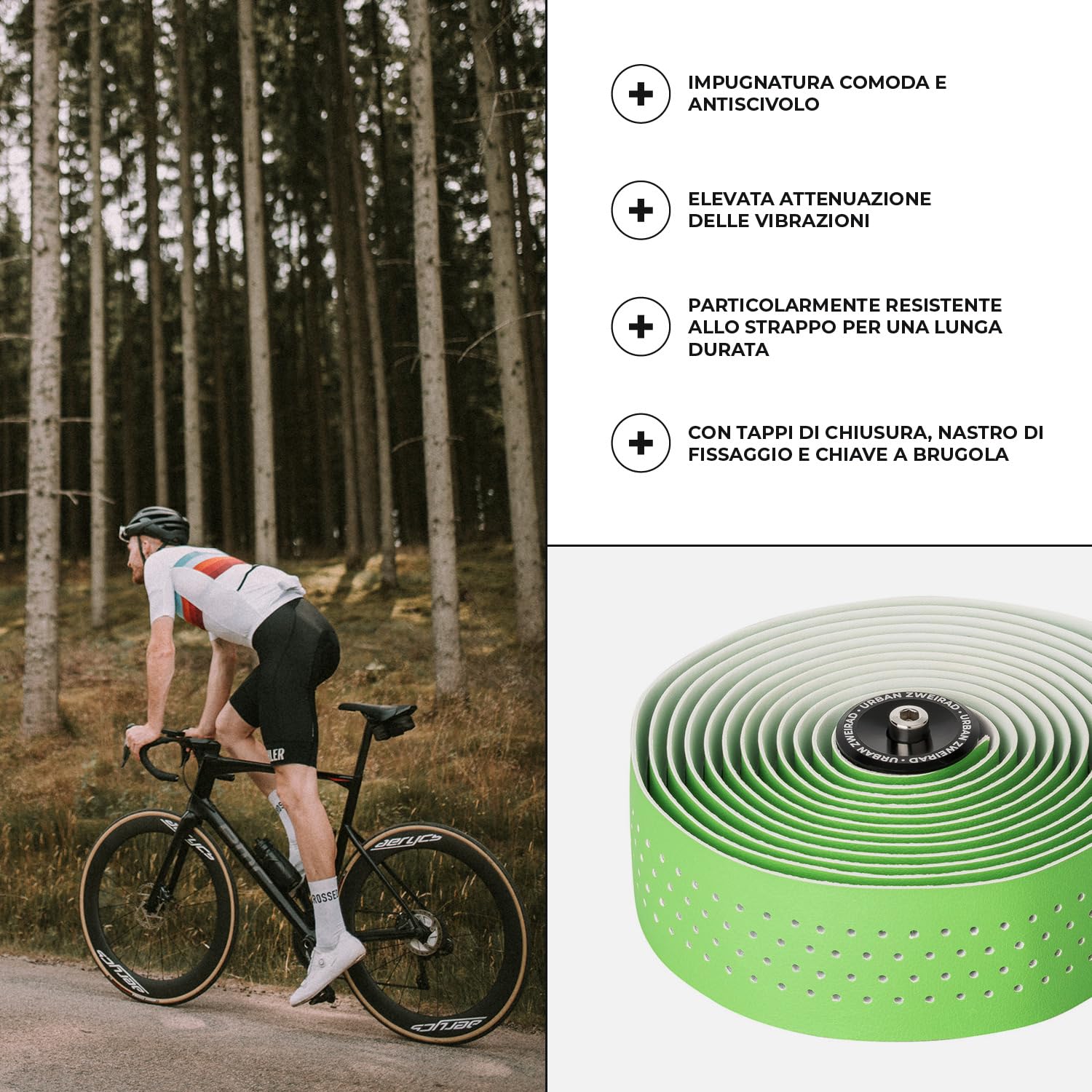 URBAN ZWEIRAD - Nastro per manubrio bicicletta da corsa Extra Dry, nastro autoadesivo con terminali per manubrio in alluminio, nastro per manubrio bici da corsa, bici da gravel (verde)