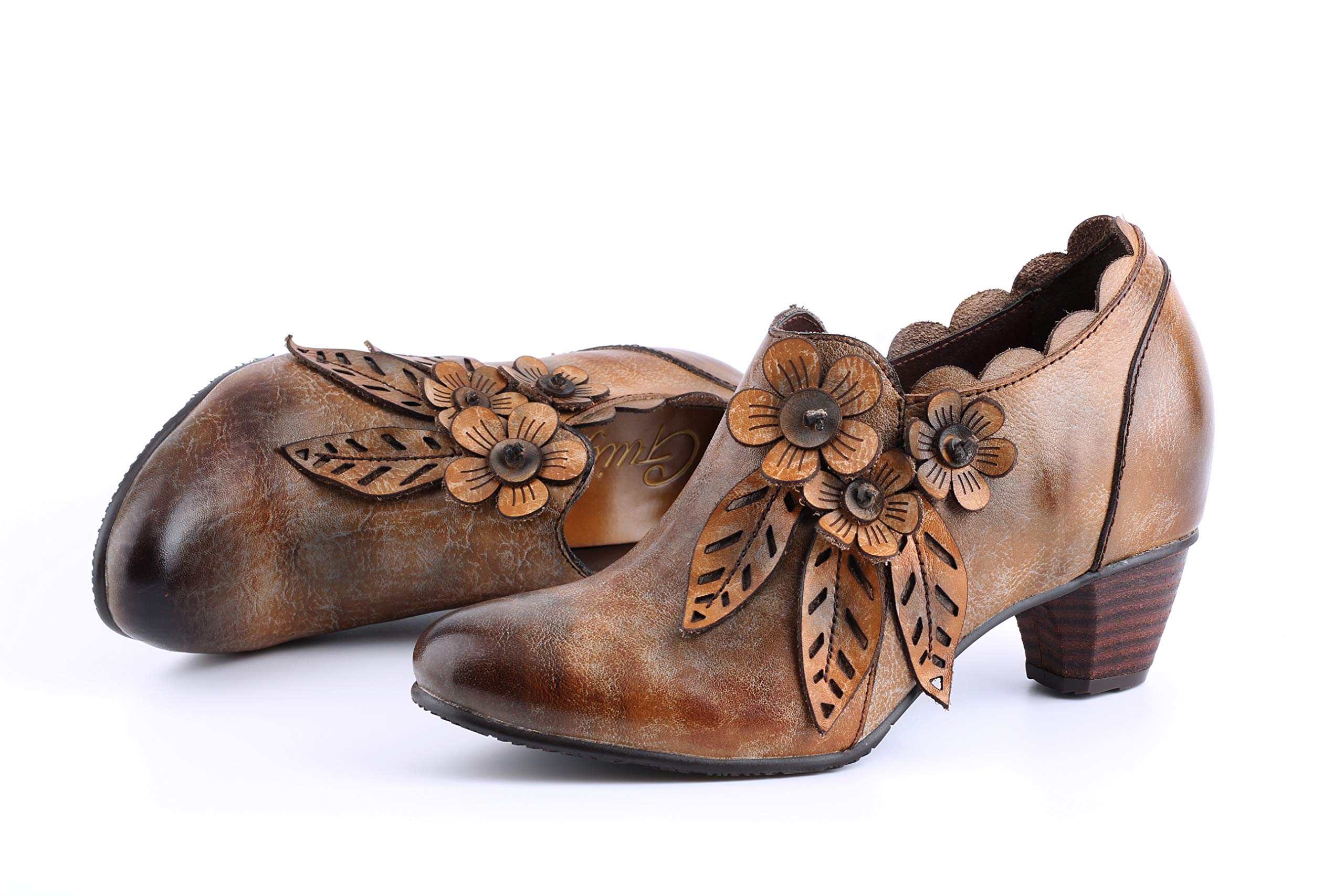 CrazycatZLeather Pumps,Womens Colorful Vintage Floral Block Heel Bohemian  Vintage Shoes