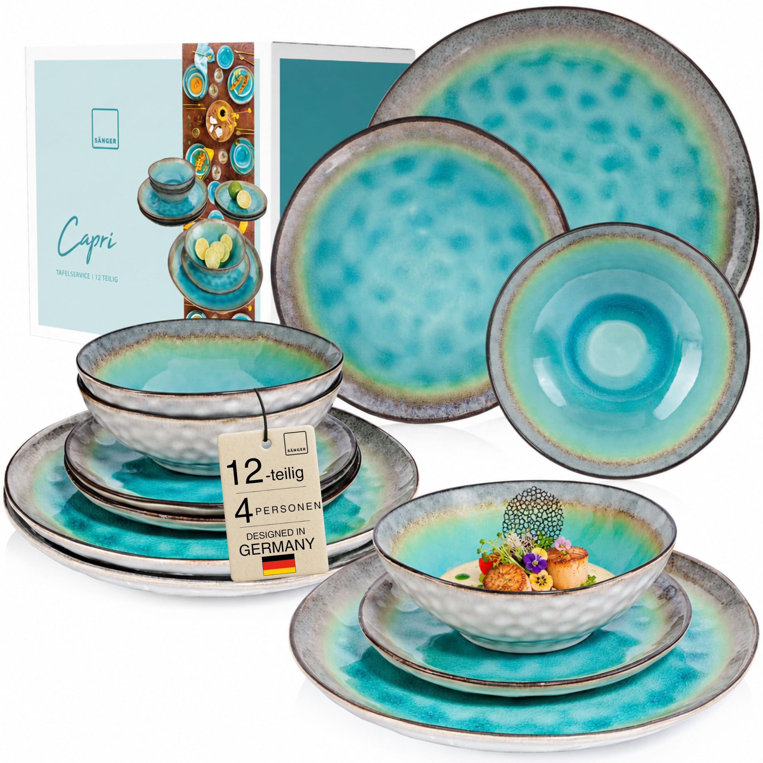 SÄNGER | Geschirrset Capri 12 tlg, Teller Set 4 Personen, Steingut Geschirr inkl. Speiseteller Dessertteller & Tiefe Teller, Tafelservice Handmade Türkis Blau mit Grauem Rand | PREMIUM COLLECTION