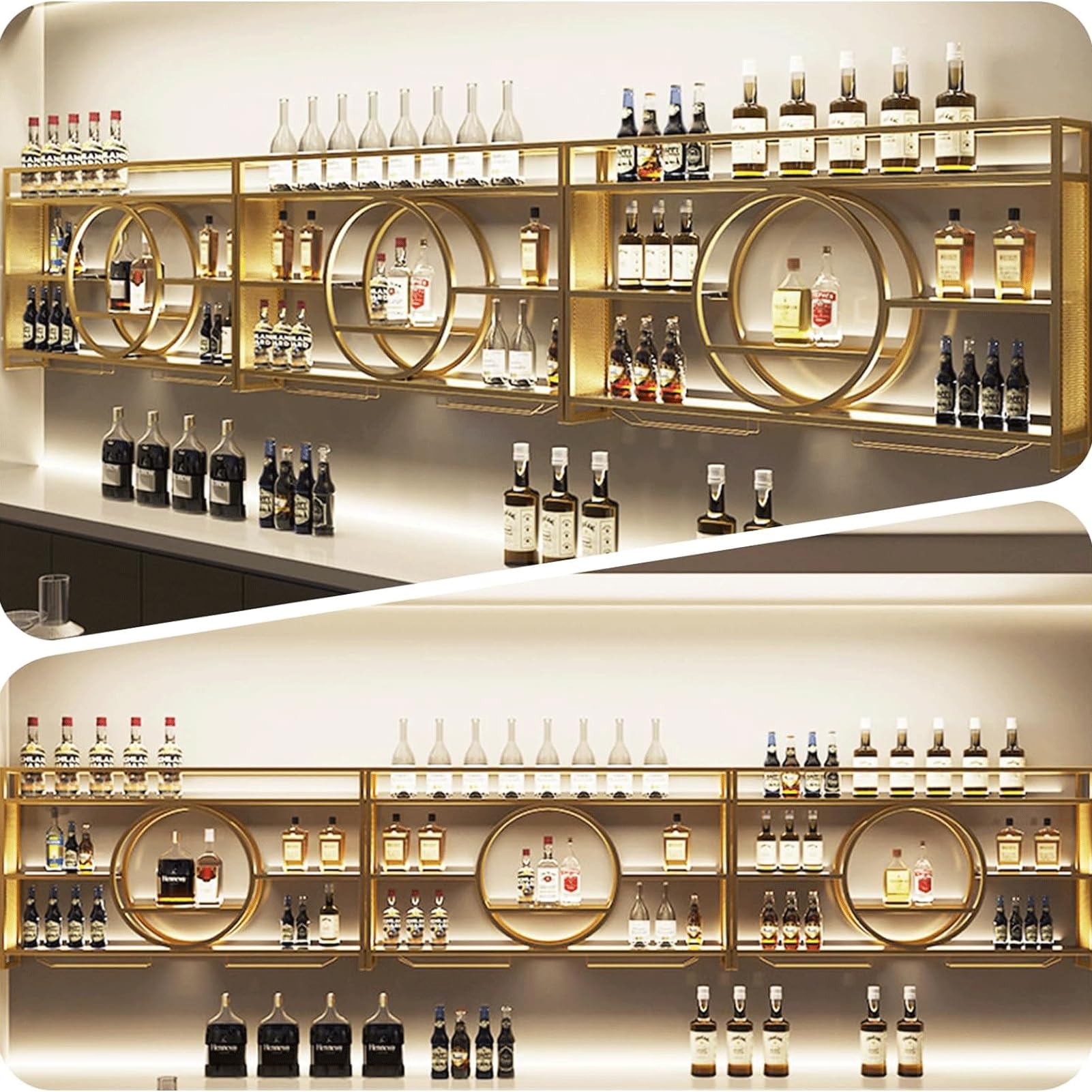 Botellero Metal Oro Pared Bar Estante Colgante Muebles 100 * 15 * 80 cm | Wandbar Flaschenregal Weinregal mit Glashalter Barregal Wand Deko Wandmontage Weinregale Schnapsregal für Küche Restaurant