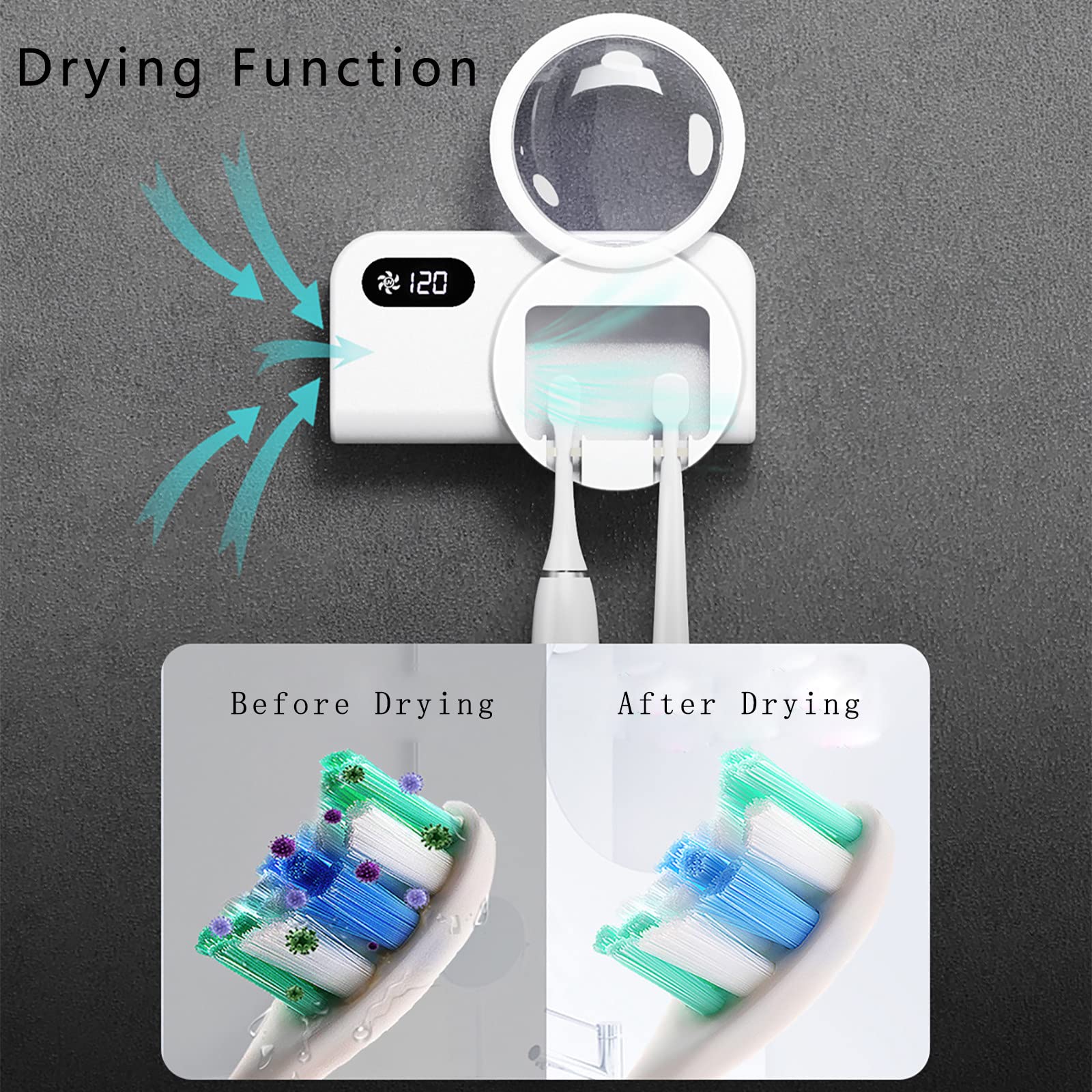 Porta Cepillo de Dientes, Soporte Cepillo de Dientes con Función Esterilizador y Secado LED Dispensador Pasta Dientes Organizador Baño USB Recargable Blanco