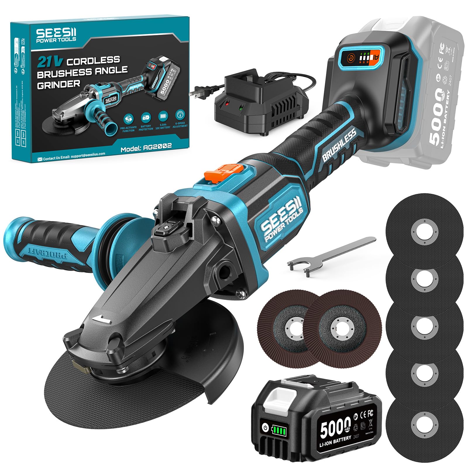 SEESII Meuleuse Tête Plate Sans Balais 21V - 6 Vitesses + Batterie 5.0Ah | Tête plate, 6 vitesses (12000 tr/min), Stop antichute + Redémarrage + Démarrage progressif + Surcharge, Disques 115-125mm