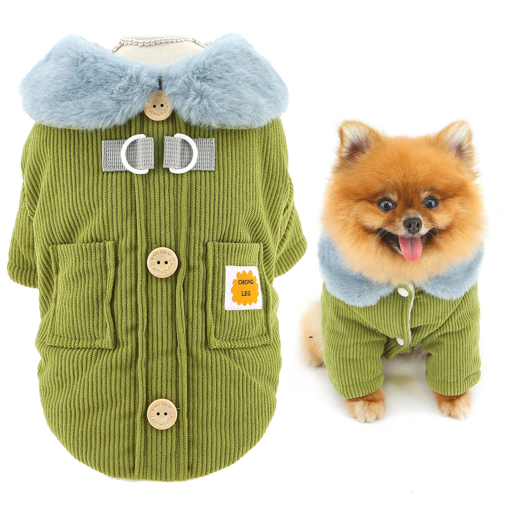SMALLLEE_LUCKY_STORE Fleece Lined Corduroy Dog Coat for Small Dogs, Soft Puppy Harness Jacket with D-Ring and Pocket Fuzzy Collar Warm Pet Padded Autumn Winter Chihuahua Yorkie Clothes Green XS