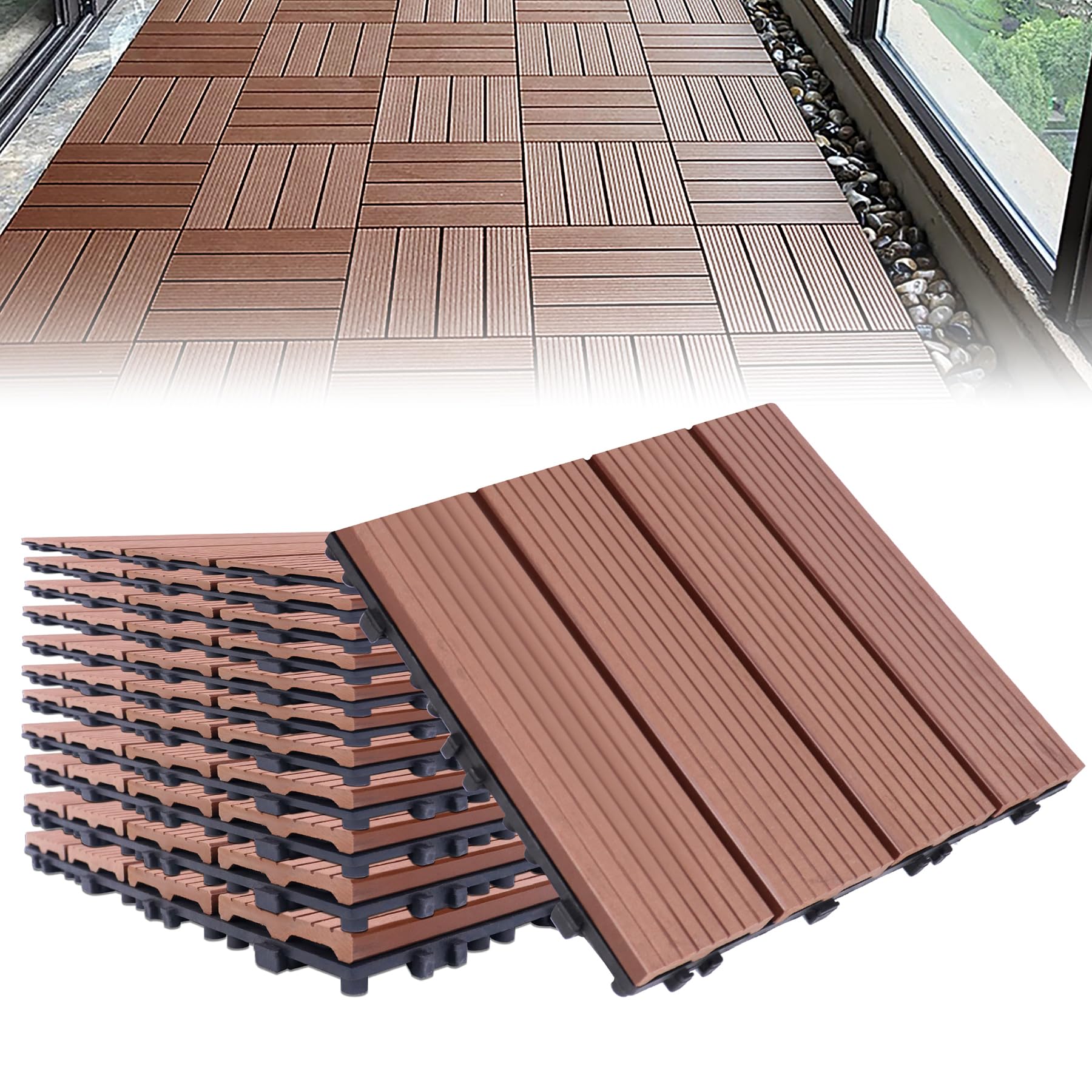 Froadp 30x30cm Pavimento per esterno, Piastrelle in Plastica Composita WPC, Pavimentazione in Plastica-legno all'aperto, Sistema di Grata Plug-in per Balcone Terrazza Giardino(22 pcs, Marron)