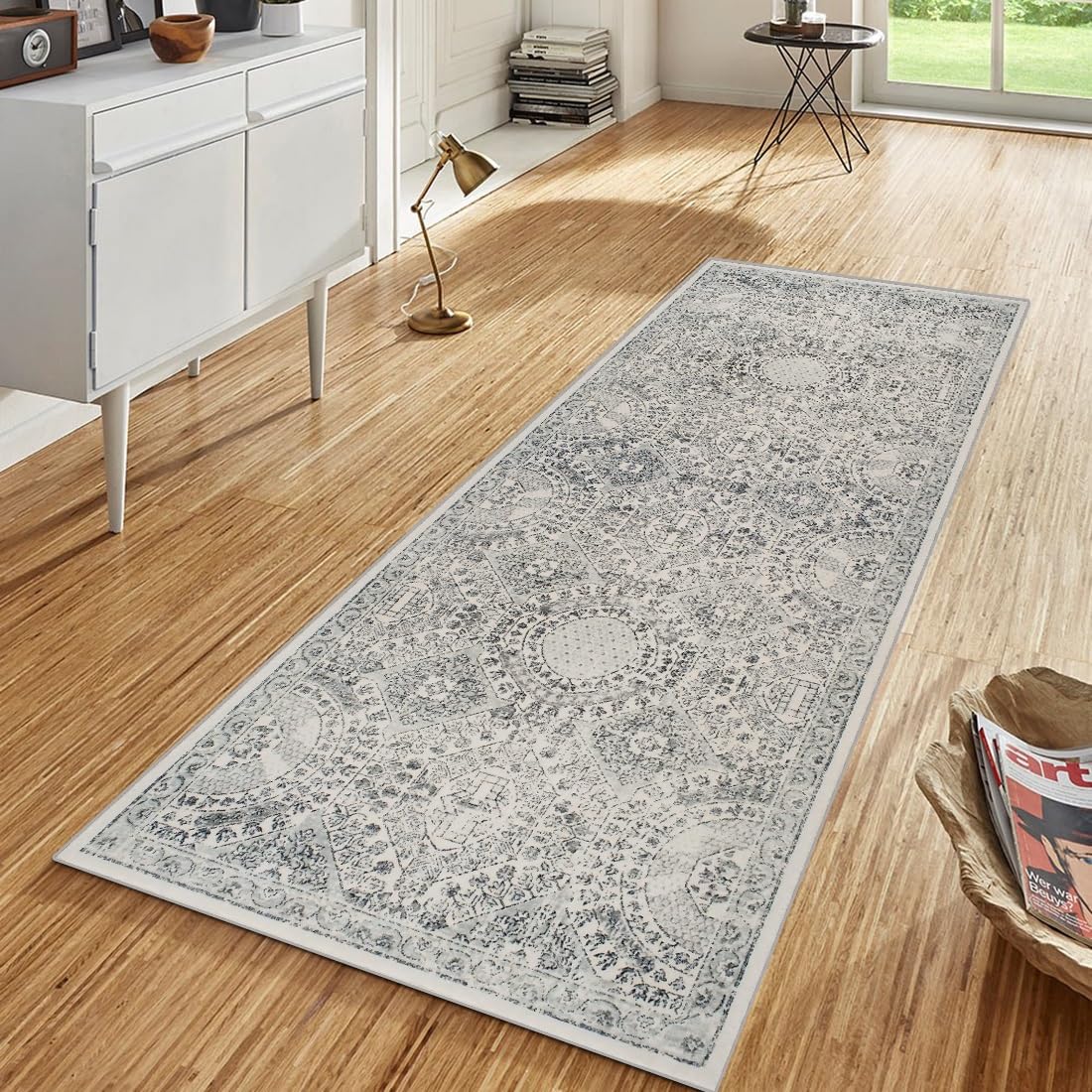 Teppich Läufer Flur Küche Grau Schlafzimmerteppich Boho 120x400cm | rutschfest Waschbar Lang Vintage Wohnzimmerteppich Meterware Läuferteppich Flurläufer Korridor Polyester