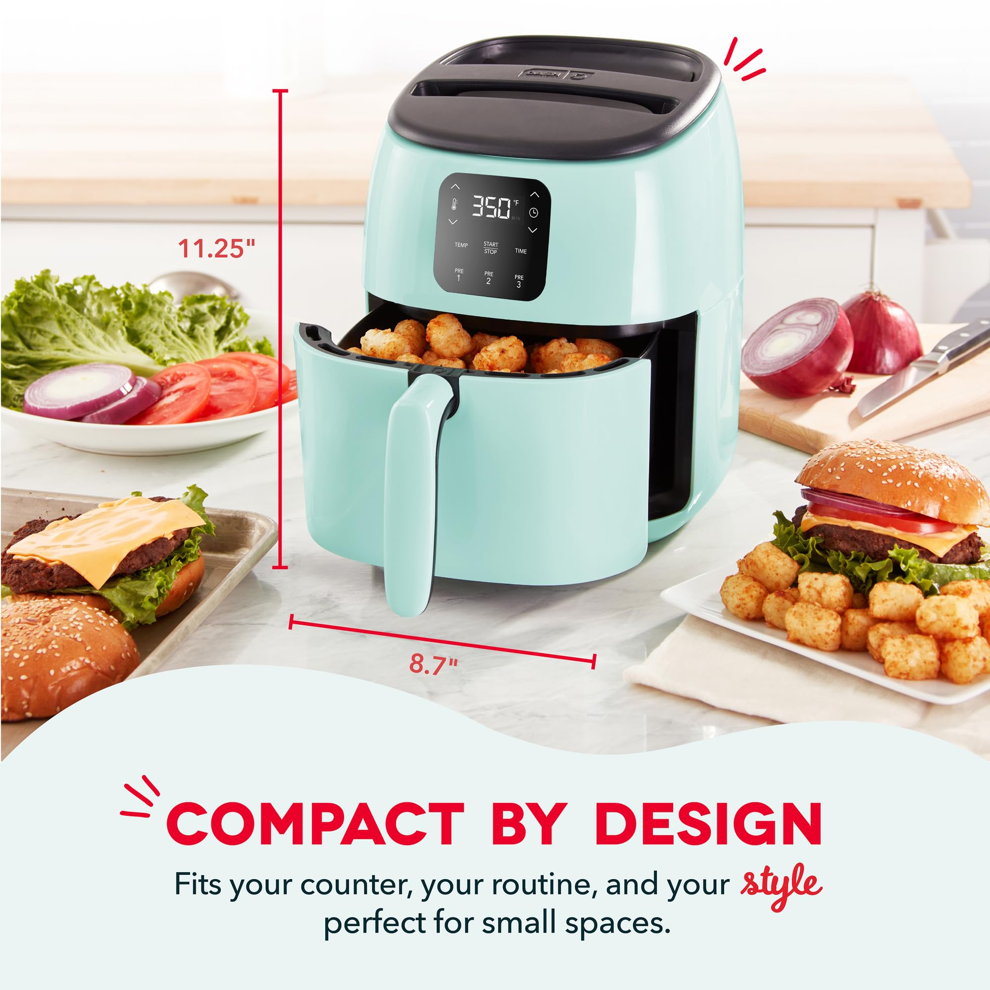 DASH Tasti-Crisp™ Electric Air Fryer Oven, 2.6 Qt., Aqua – Compact Air Fryer for Healthier Food in Minutes, Ideal for Small Spaces - Auto Shut Off, Digital, 1000-Watt: Aqua Nonstick