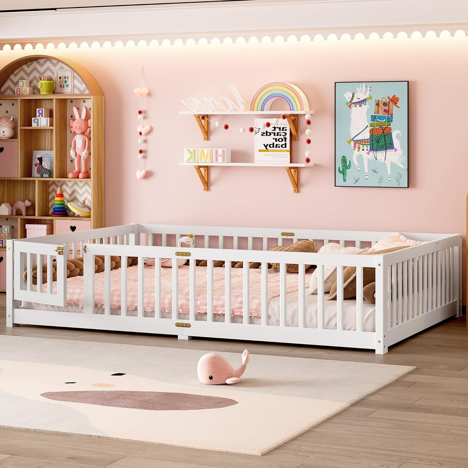 Bellemave Queen Size Floor Bed, Wood Montessori Floor Beds with Fence Railings & Support Slats, Floor Bed Full with Door for Boys Girls, No Box Spring Needed and Childlike Fun Design, White