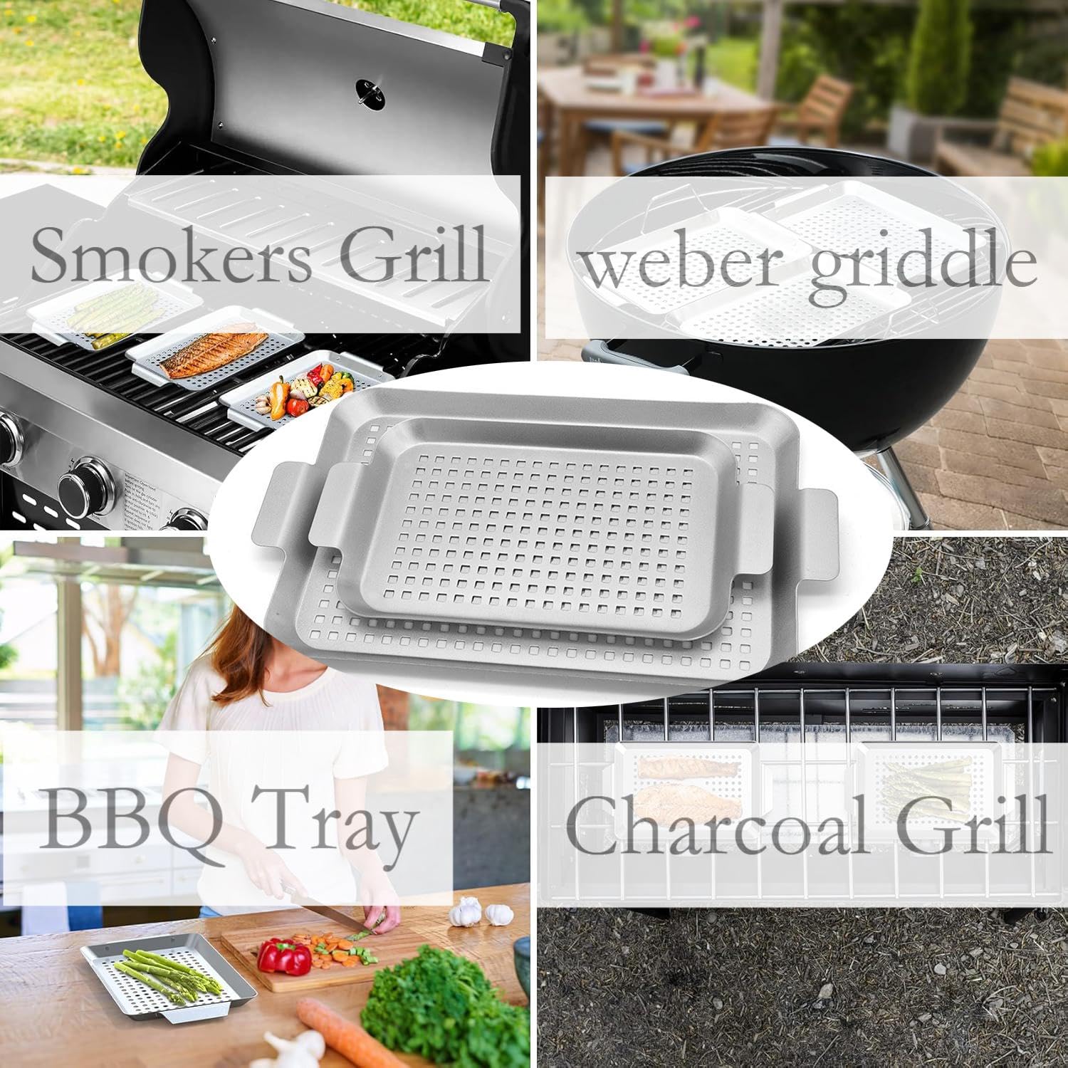 Bandeja antiadherente de acero inoxidable para barbacoa con agujeros, sartenes para asar al aire libre para carne y verduras, juego de 2 (16.5 x 10 pulgadas y 13 x 7.4 pulgadas)