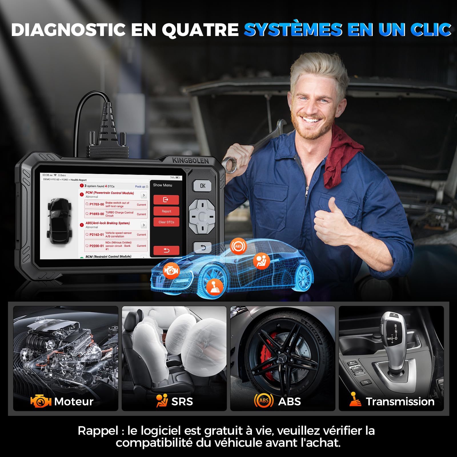 KINGBOLEN S608 Valise Diagnostic Auto, OBD2 Diagnostic Français pour 4 Systèmes ABS SRS Transmission Moteur, Tests Actifs Bidirectionnels, 9 Réinitialisations, CANFD＆FCA, Mise à Jour Gratuite