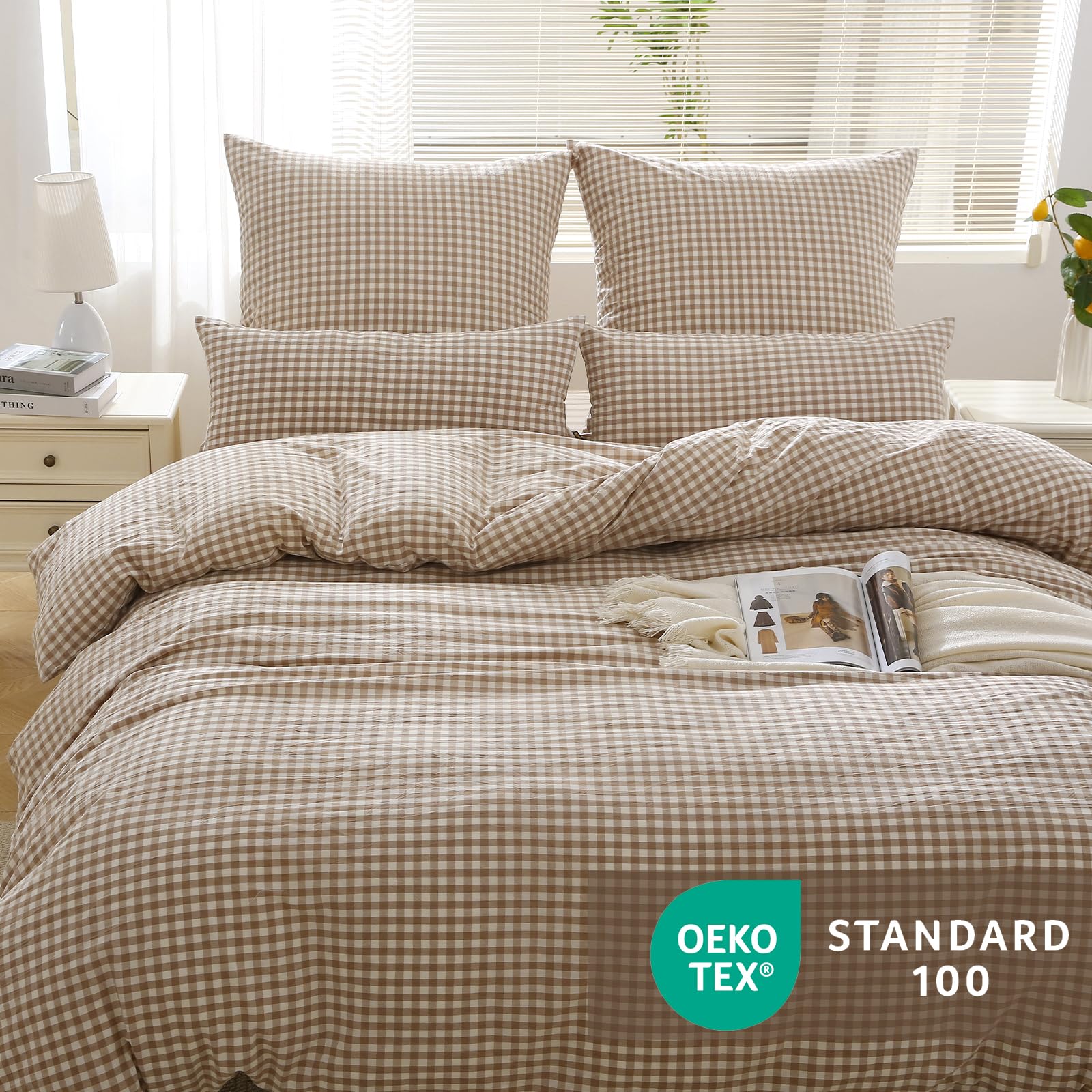 SOULFUL Housse de Couette 220x240 Coton Carreaux - Beige Vichy | Parure de Lit 2 Personnes avec 2 Taies d'oreiller 65x65 cm - 100% Coton Lavé - Certifié Oeko-TEX - Fermeture Éclair