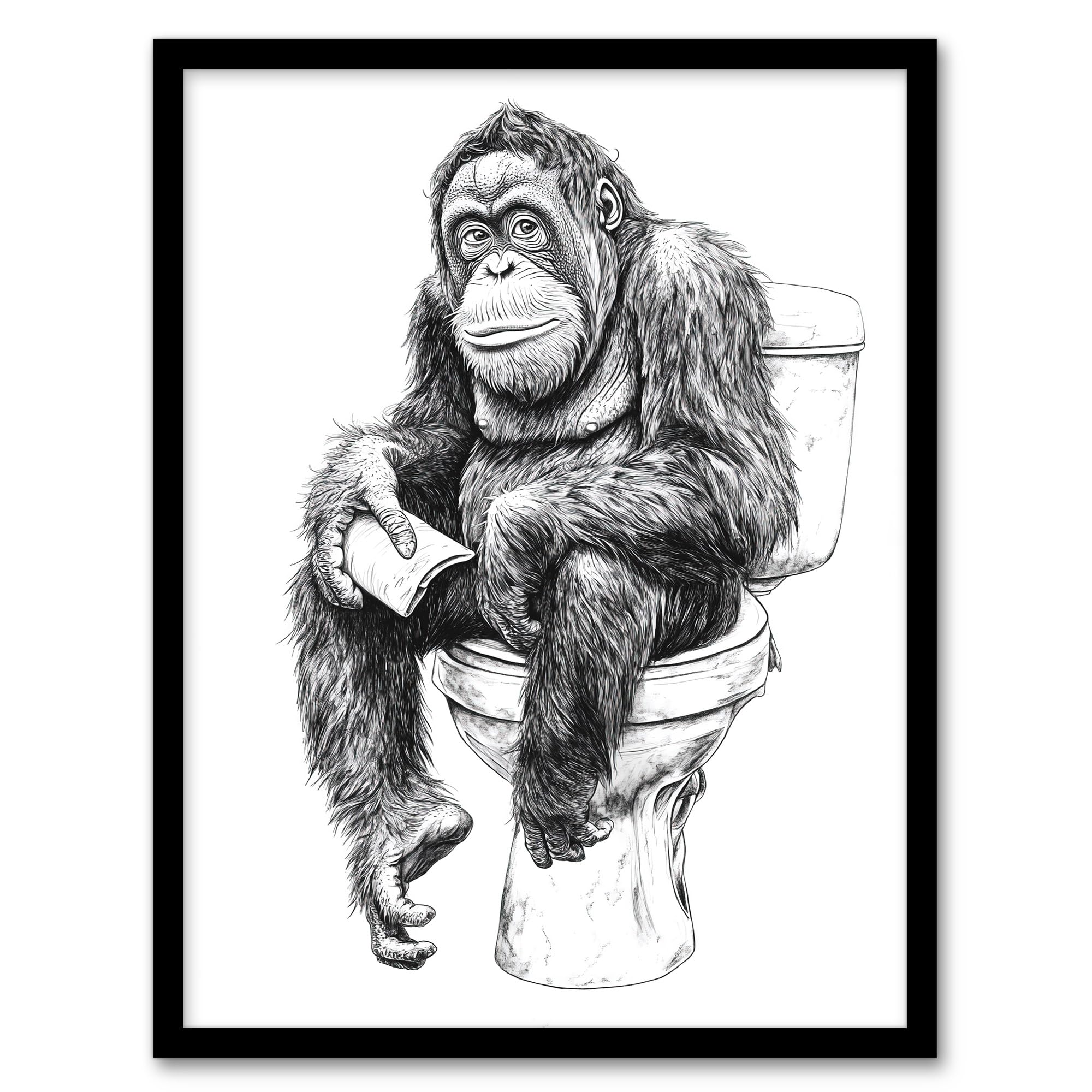 Artery8 Orangutan Ape On Toilet Funny Black White Drawing Bathroom Toilet Artwork Framed Wall Art Print A4